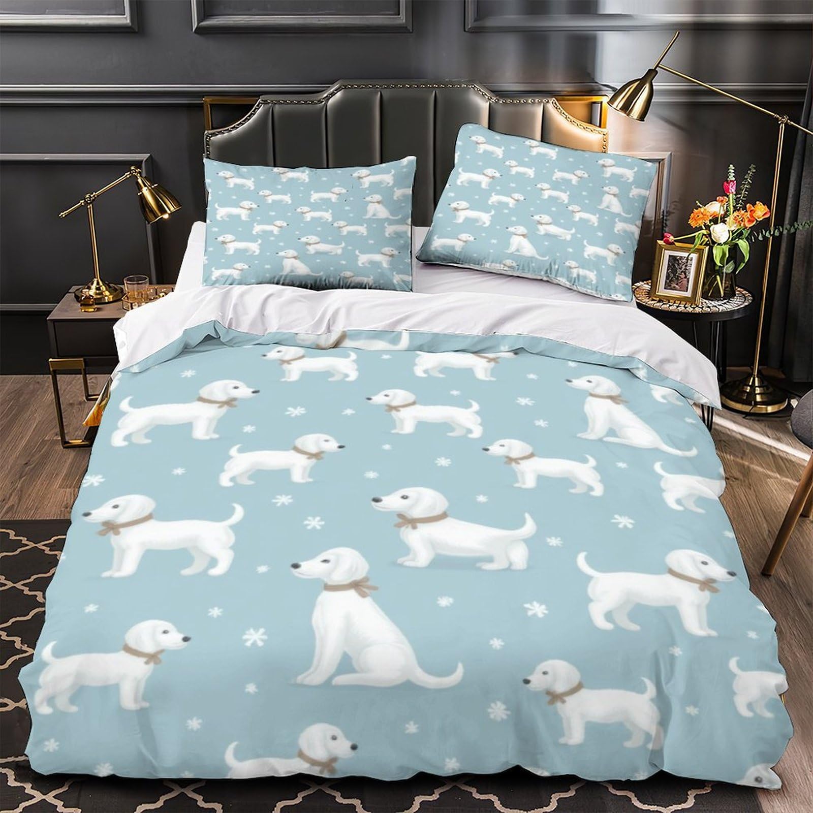 Housse de couette chiots blancs hypoallergénique douceur microfibre 3D