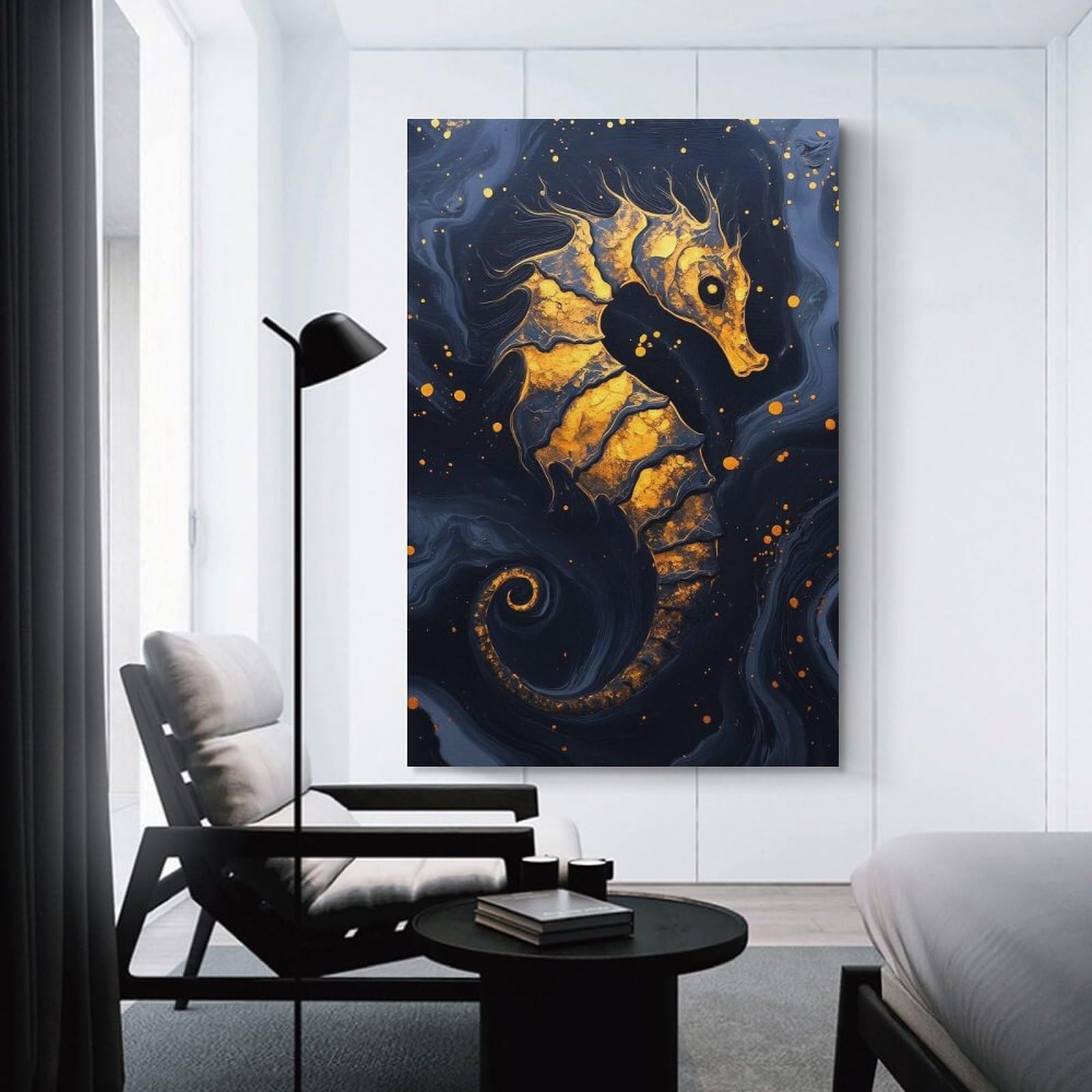Junmoney Unframe-Style-24 Golden Seahorse On Dark Blue Background Canvas Wall Art 24X36inch(60X90cm), For Workspace Walls, Study Corners Or Bedrooms, Wall Art That Adds Style To Work Areas