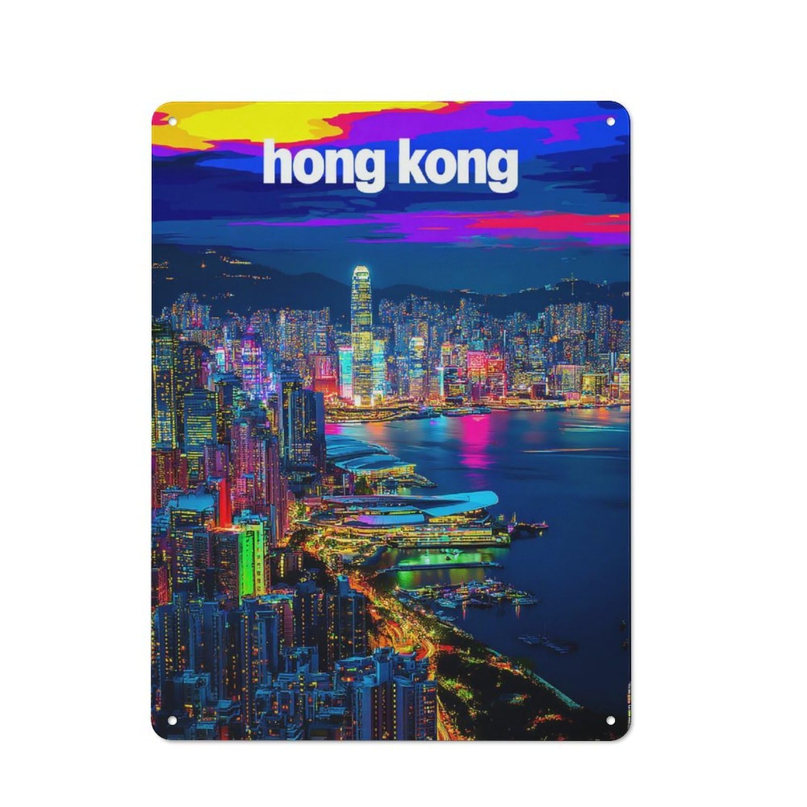 Junmoney Vibrant Hong Kong Nightscape -3 Tin Wall Plaque 40X30cm With For Dining Room Or Kitchen, Winter Wall Decor For Dining Room Decor Fans