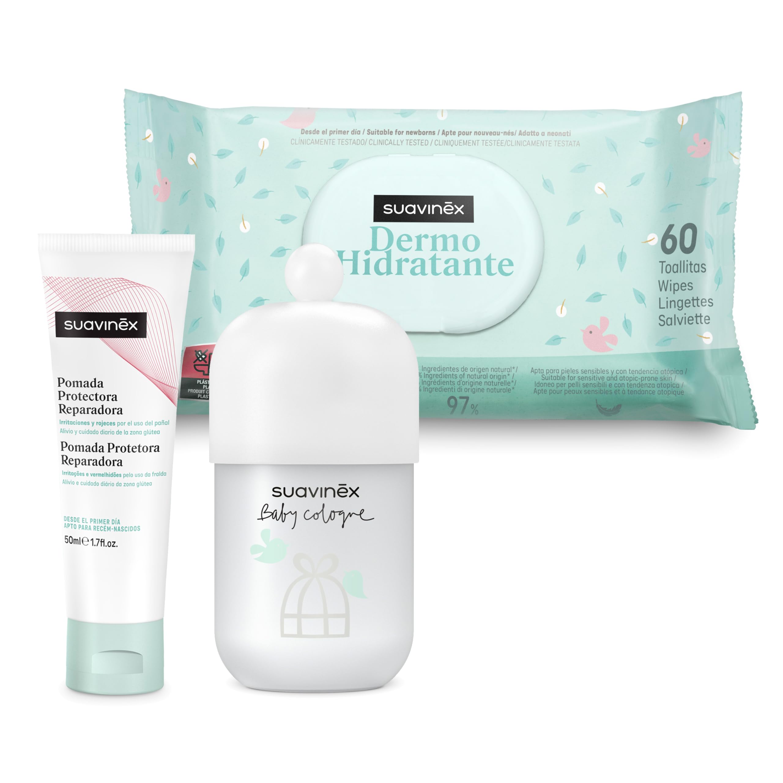 Suavinex, Babypflegeset mit: Eau de Toilette für Babys, 100 ml + Windelsalbe 50 ml + Packung mit Reinigungstüchern, 60 Stück, für Spaziergänge, Kulturbeutel, Reisen oder in der Kinderschule