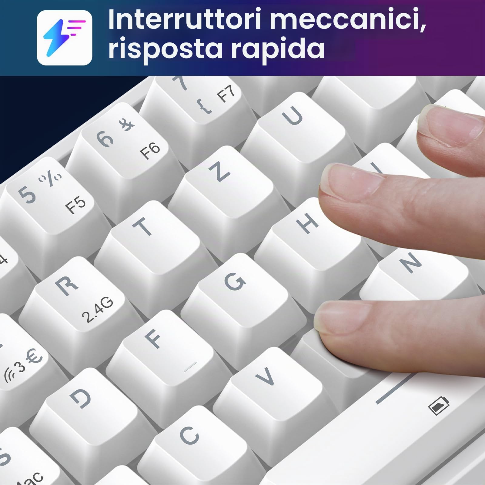 TECURS Tastiera da gioco meccanica senza fili RGB illuminata 65% TKL ricaricabile Bluetooth / 2.4G, 68 tasti, interruttore rosso QWERTZ per PC Windows/Mac/PS4, bianco