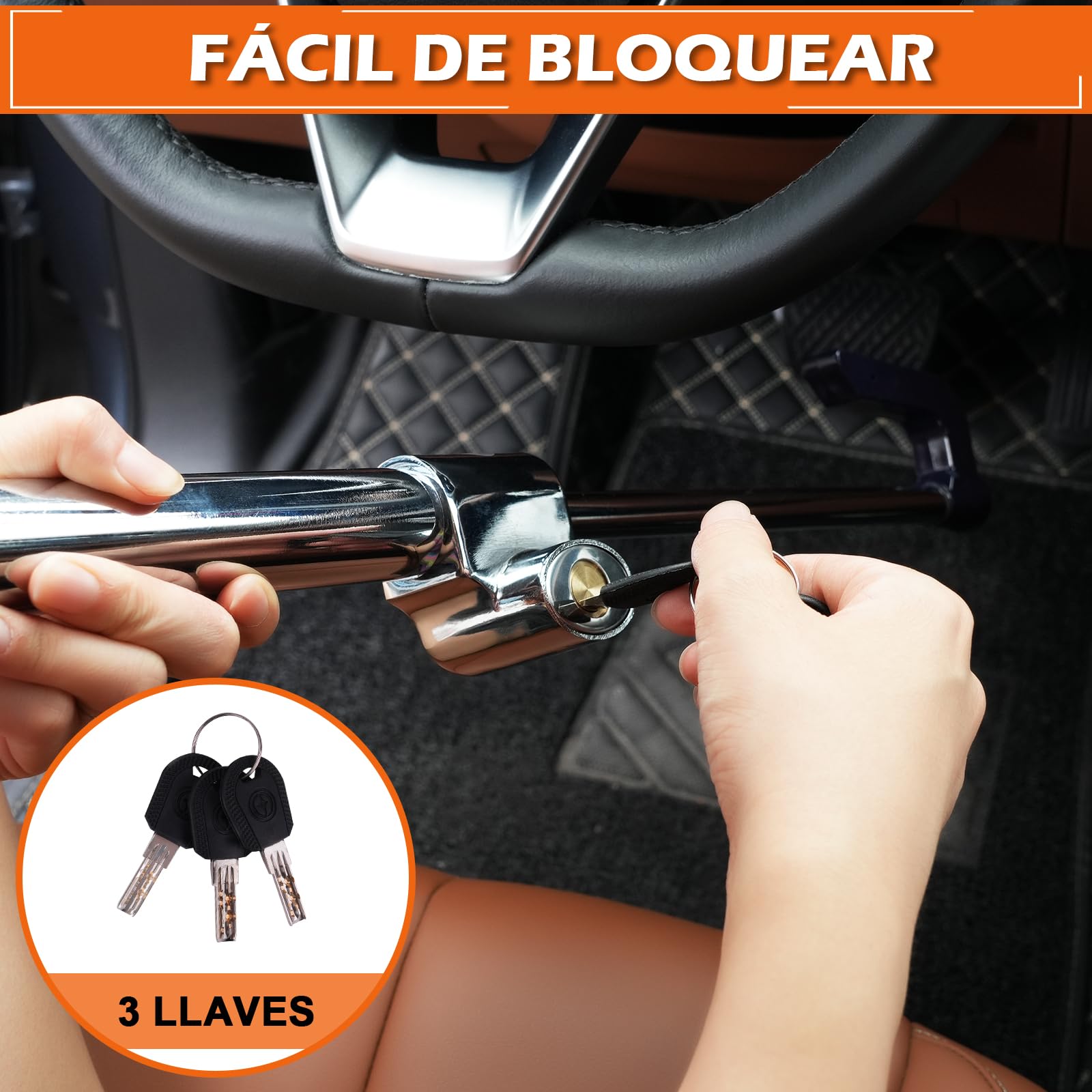Tevlaphee Bloqueo Coche Antirrobo, Antirrobo Coche, Alta Seguridad, Ajuste Universal, 3 Llaves Longitud Máxima 92cm