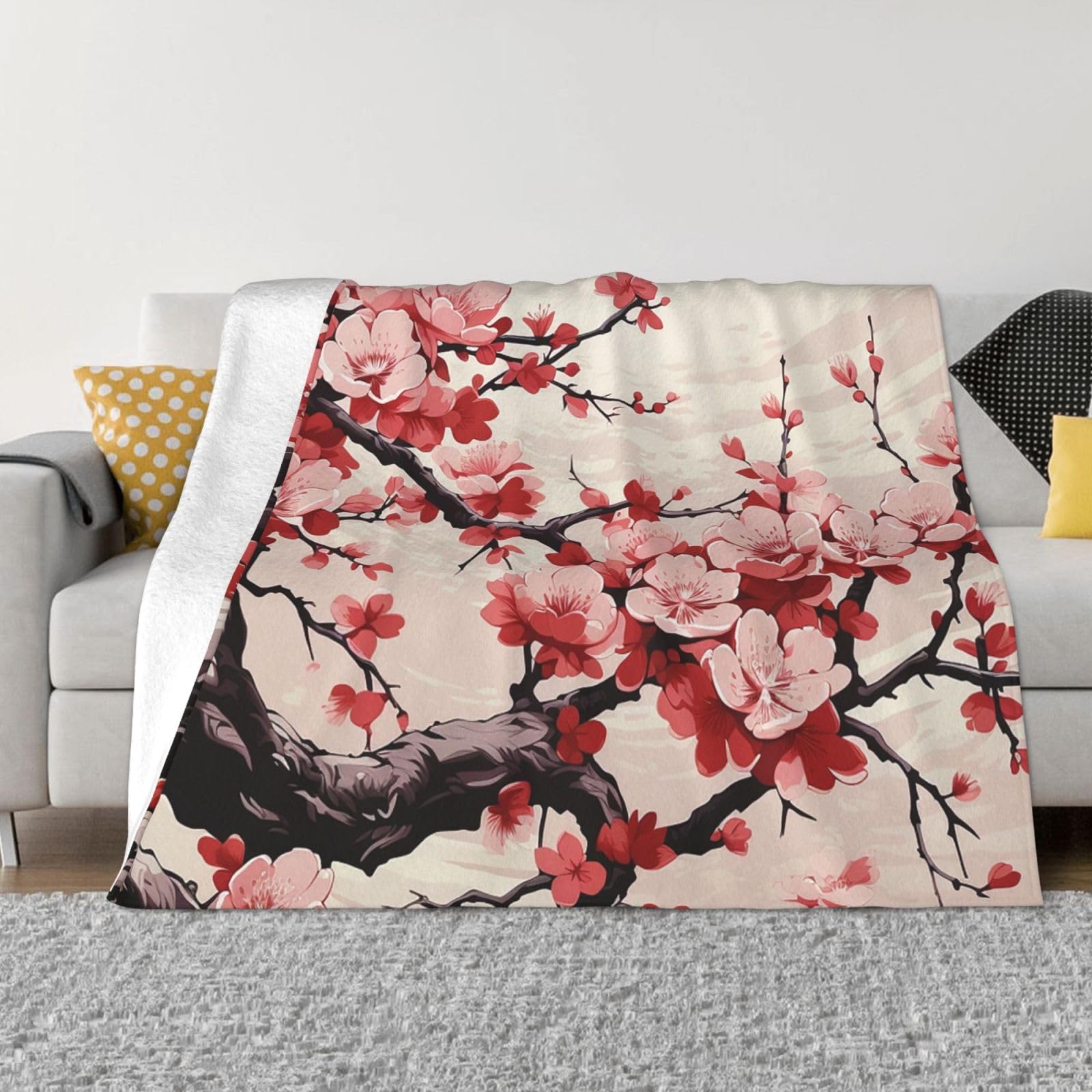 Japanese Floral Cherry Blossom Throw Blanket 50"x40" Flannel Fluffy Warm Blanket for Couch, Reversible Plush Blankets for Bed, Comfy Fuzzy Blanket for Sofa, Plush Lightweight-Blankets for All Season