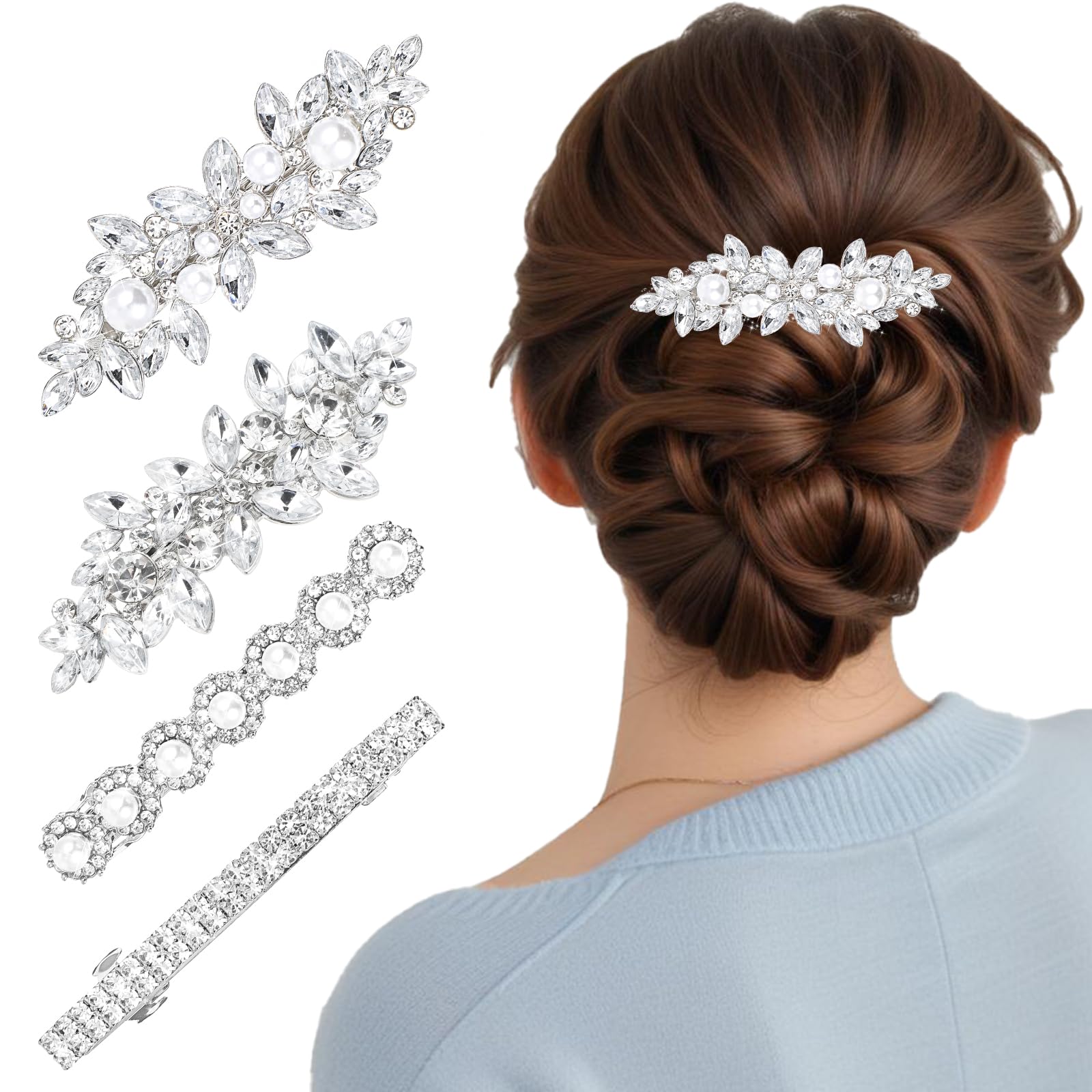 Nogeqi 4PCS Sparkly Rhinestone Hair Clips for Women Metal Rectangular Spring Hair Barrettes