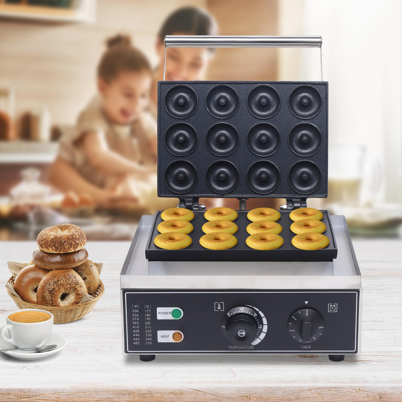 12 Holes Commercial Donut Machine, Mini Doughnut Maker, Double-Sided Constant Temp 122-572?, 1550W Donut Maker Machine for Home, Cafes, Bakeries, Dessert Shops, Dia 1.97in