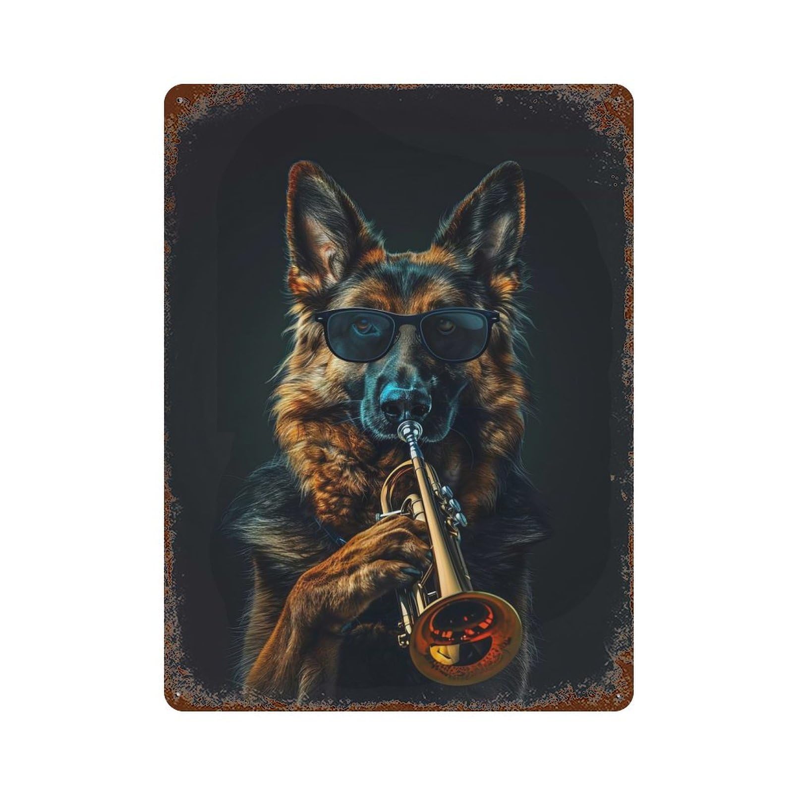 Rust Effect Cool Dog Playing Trumpet Decorative Tin Sign 15.7"x11.8", Vintage Wall Decor for Farmhouse, Kitchen And Entryway Decor