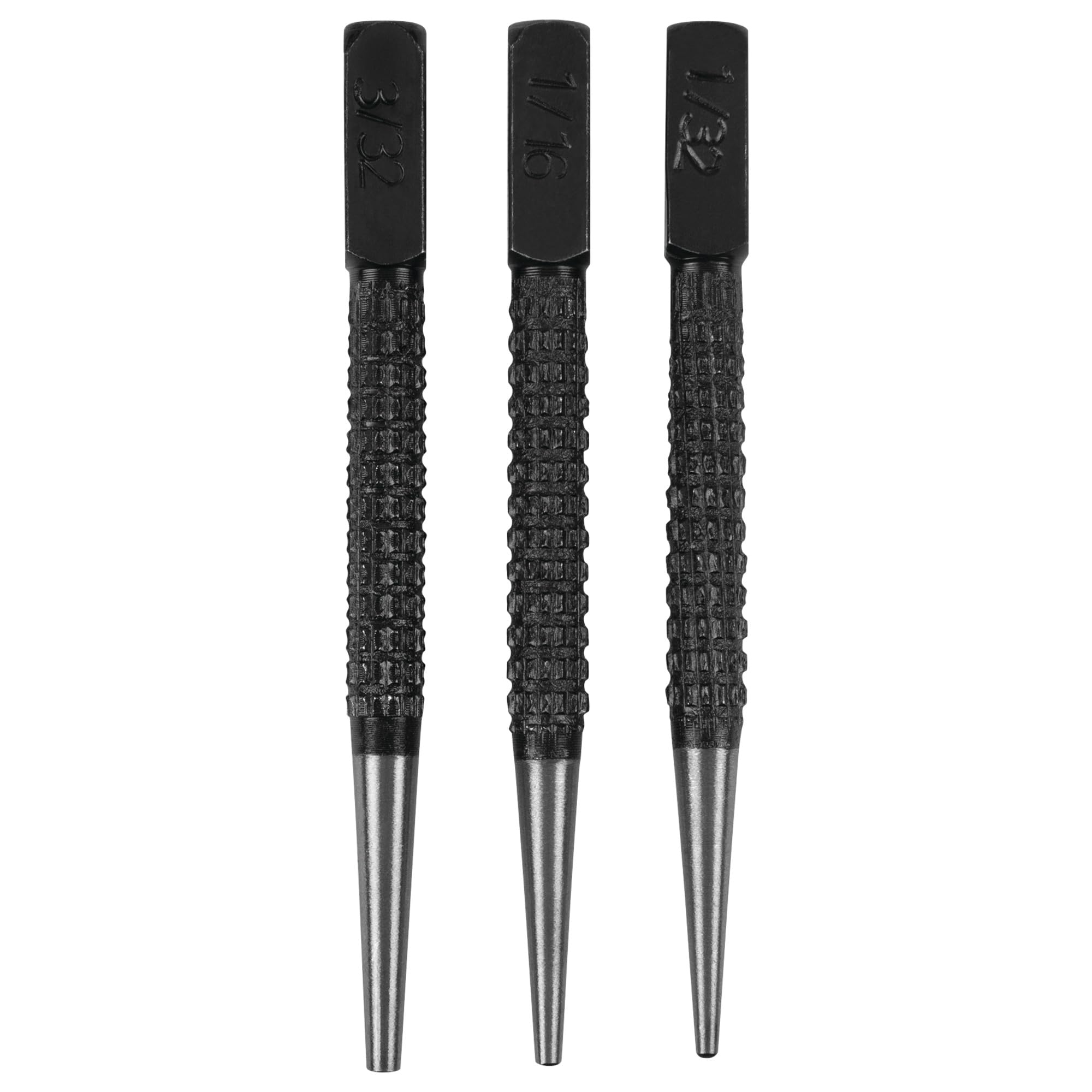 Performance Tool W757 Drop Forged Steel Punch Set with Knurled Body and Square Striking Surface - Sizes: 1/32, 1/16 and 3/32-Inch for Precision Work