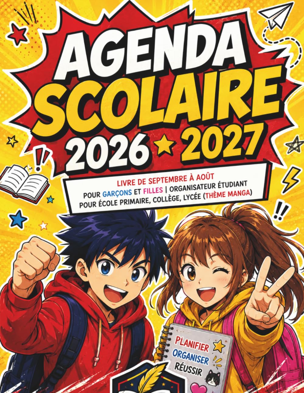 Agenda Scolaire 2026 2027: Livre de septembre à août pour garçons et filles | Organisateur étudiant pour école primaire, collège, lycée (Thème manga)