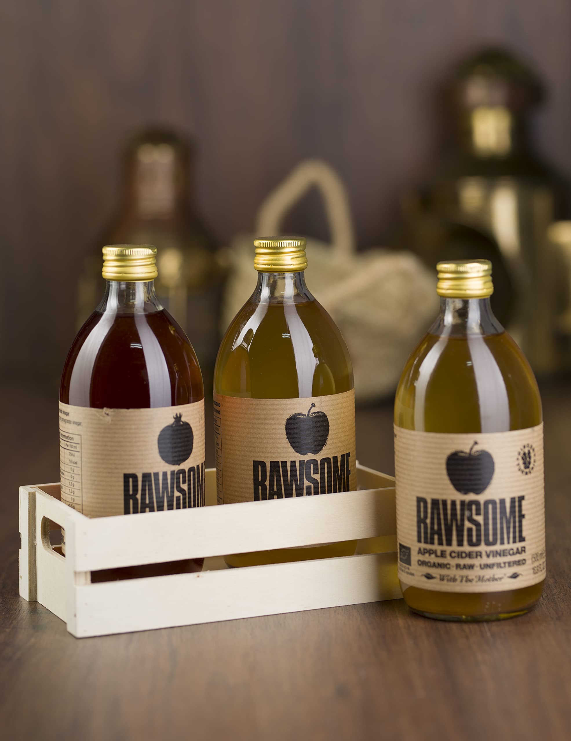 Rawsome Vinegars - Vinagre de Sidra de Manzana con la madre 100% Natural. Vinagre Ecológico Puro Sin Filtrar, Vegano y Vegetariano. Botella de Vidrio 500 ml