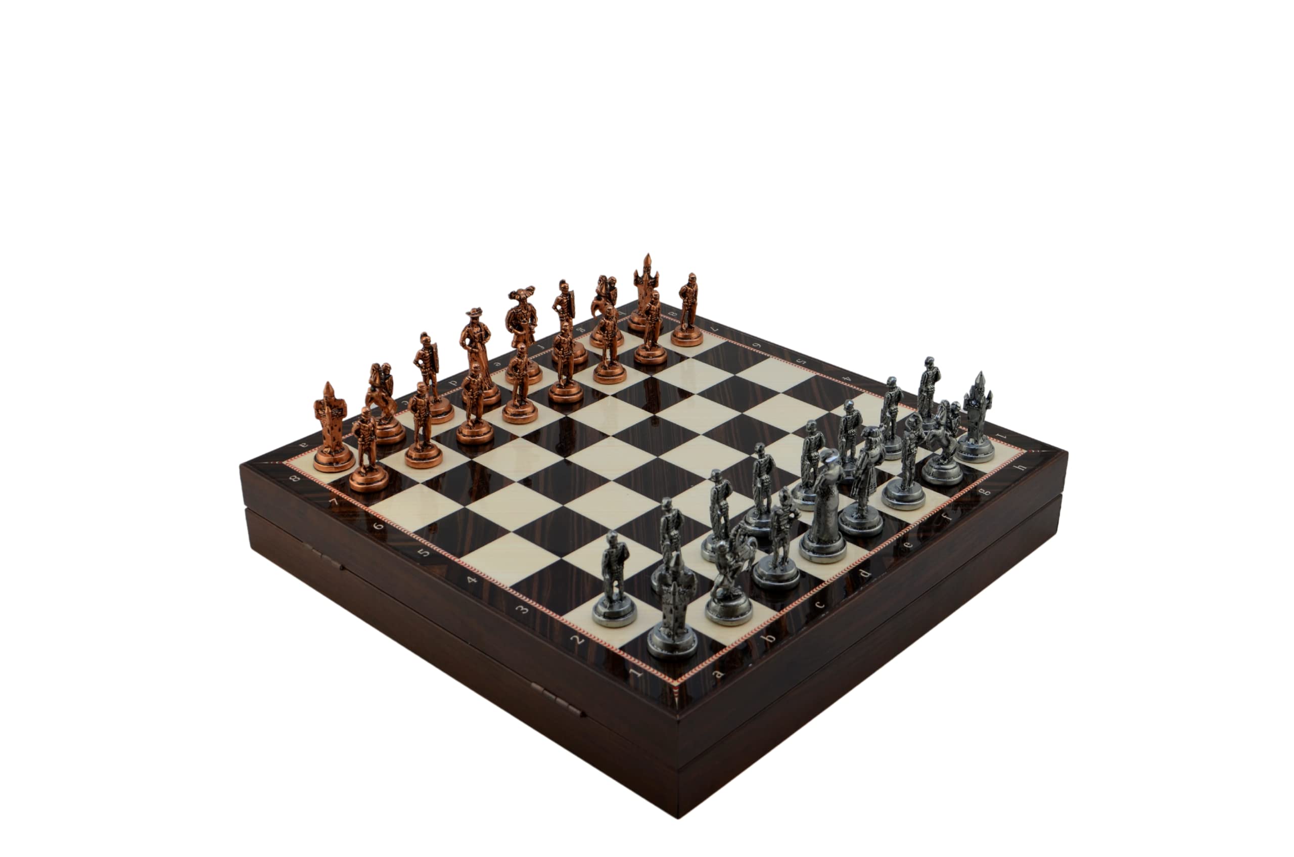 GiftHome Orta Boy Metal İspanyol Satranç Takımı Antik ve Ceviz Desenli Sandıklı MDF Tahtası (36x36x6 cm.)