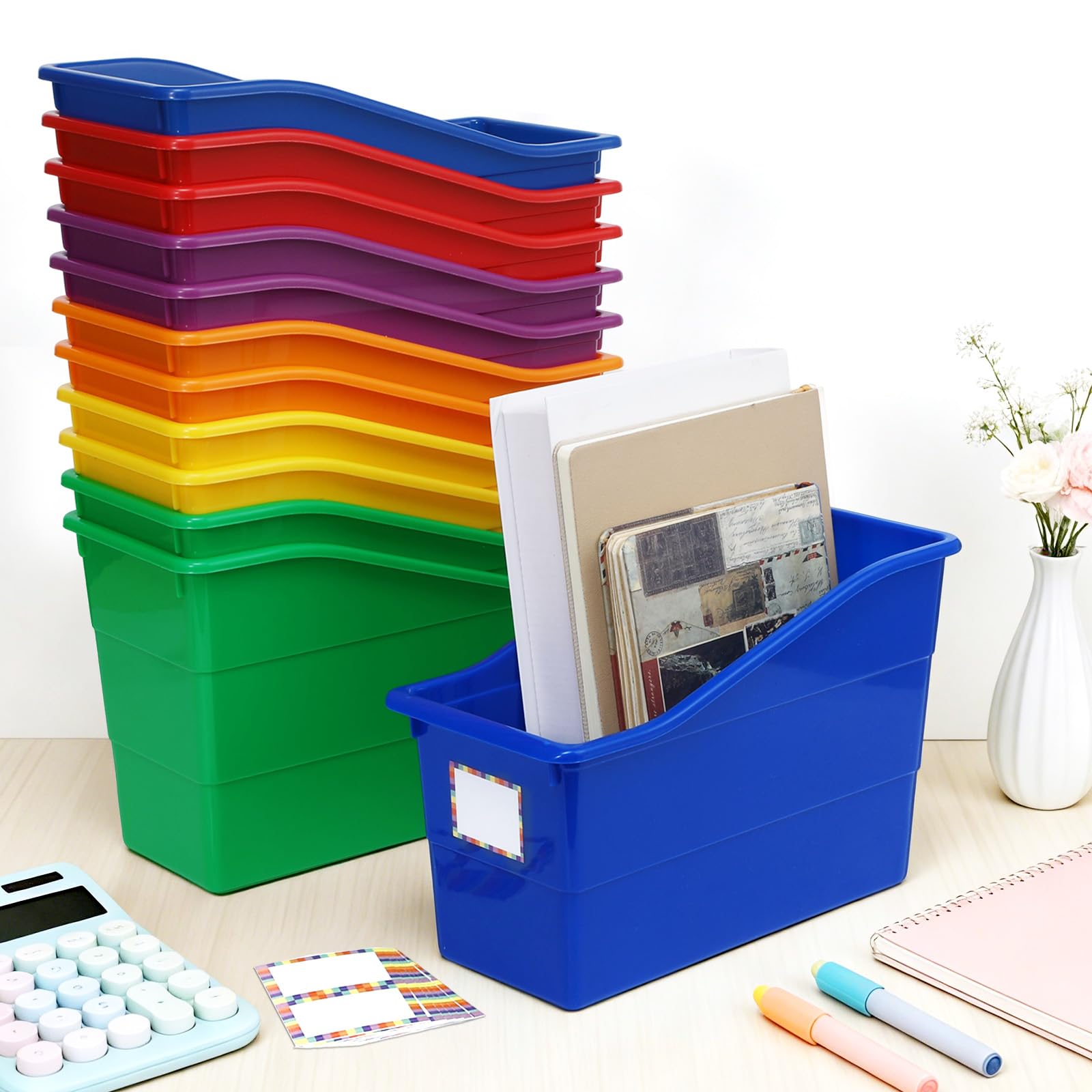 Lot de 12 grandes corbeilles à livres, organiseur de magazines en plastique durable de haute qualité avec étiquettes pour salle de classe, bibliothèque, bureau, organisation de bureau, catégorisation
