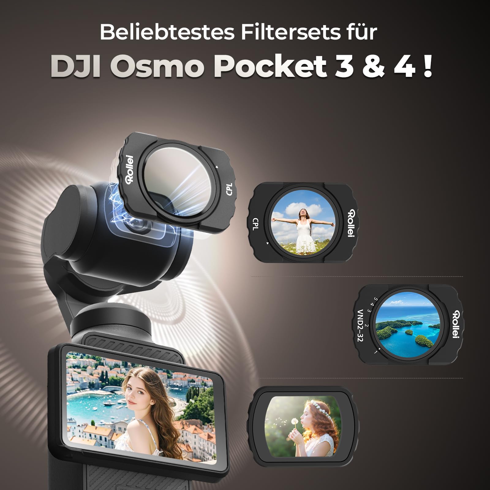 Rollei Magnetisches Filter Set Kompatibel mit DJI Osmo Pocket 3, Osmo Pocket 4, 3 in 1 Filters ND 2-32 + CPL + Black Mist 1/4 mit Optisches Glas Nano Beschichtungen, DJI-Pocket-3-4-Zubehör