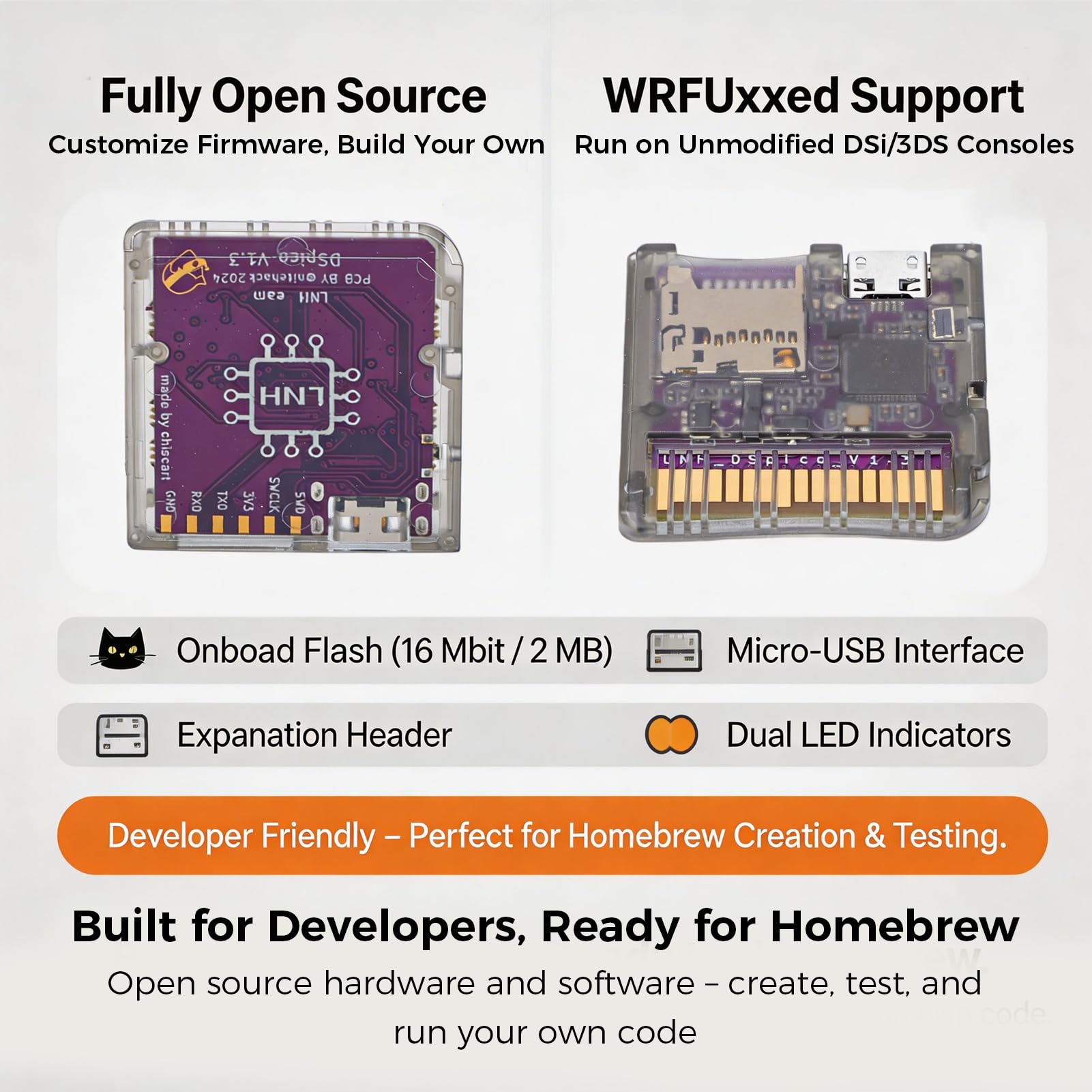 Carte Flash DSPico DS pour NDS DSi 3DS 2DS, Alimentée par MCU RP2040, Cartouche de Jeu Open Source de Mise à Niveau R4 avec 6Mo/s, Mode DS et Prise en Charge du Lanceur Pico (Noir transparent)