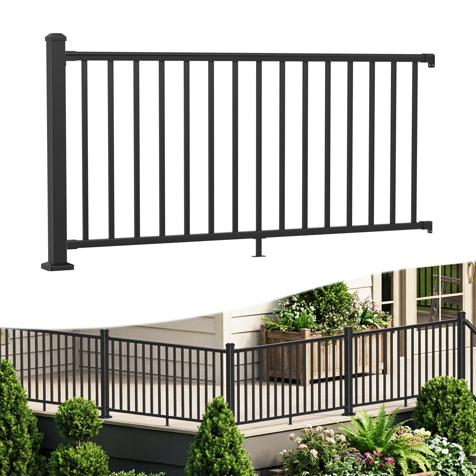 BLIKA 36 in H. x 6 ft W. Aluminum Deck Railing Kit with Post, Matte Black Porch Railing Kit, Aluminum Level Railing and Baluster Kit for Decks, Balconies, Porches & Fencing(1 Post, 1 Panel)