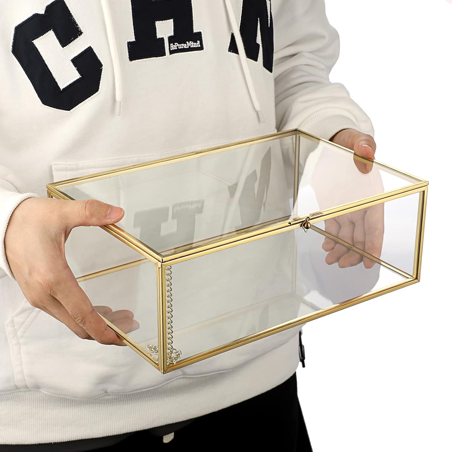 Hipiwe Vintage Glass Keepsake Box - Rectangle Jewelry Display Organizer, Vanity Lidded Home Decor Accent for Storage Trinket Rings Bracelet Rock - X-Large