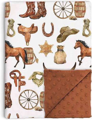 Western Cowboy Baby Blanket for Boys, Horse Theme Toddler Soft Minky Blanket with Double Layer Dotted Backing, Nursery Newborn Baby Crib Receiving Blanket My First Rodeo, 30"x40"