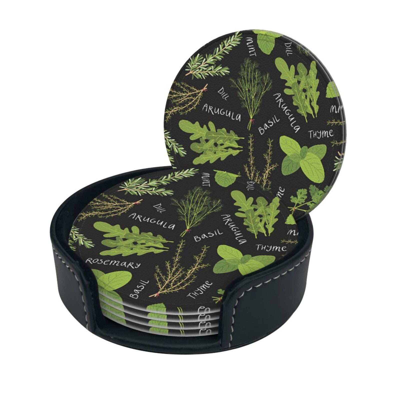Basil Thyme Dill & Rosemary Drink Coasters Set of 6 with Holder Decorative Round Cup Coasters for Coffee Table Kitchen Office Bar