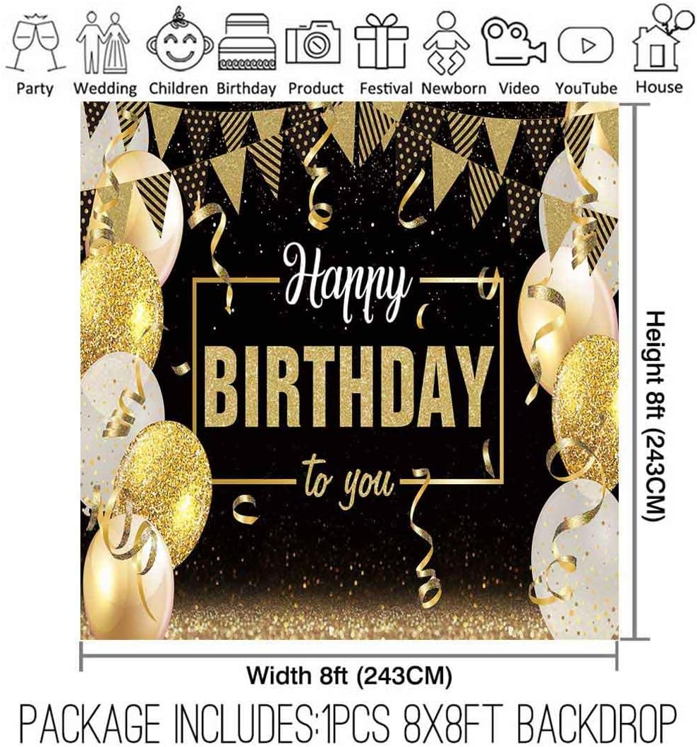 Flash Deals - 70% OFF Allenjoy 8x8ft Fabric Golden Black Balloons Backdrop Supplies for Children Kids Birthday Party Decorations Glitter Sparkle Photography Background Baby Shower Cake Smash Studio Photoshoot Props Favors