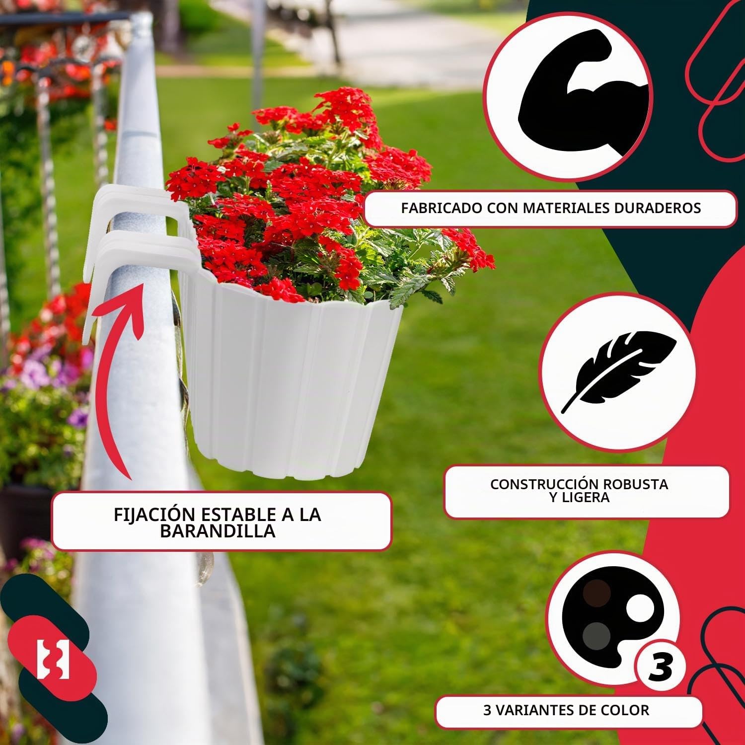 KOTARBAU® 6 uds Jardinera Balcón - Jardineras Exterior - PVC - 40 x 15 x 15 cm - Blanco - Maceta - Macetero Rectangular - Ligero - con Soporte para Barandilla - Decoración Exterior