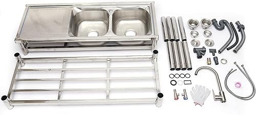 Miniatura 9 de DNYSYSJ Fregadero de cocina comercial con 2 cuencos y 2 estantes, fregadero independiente de acero inoxidable 304