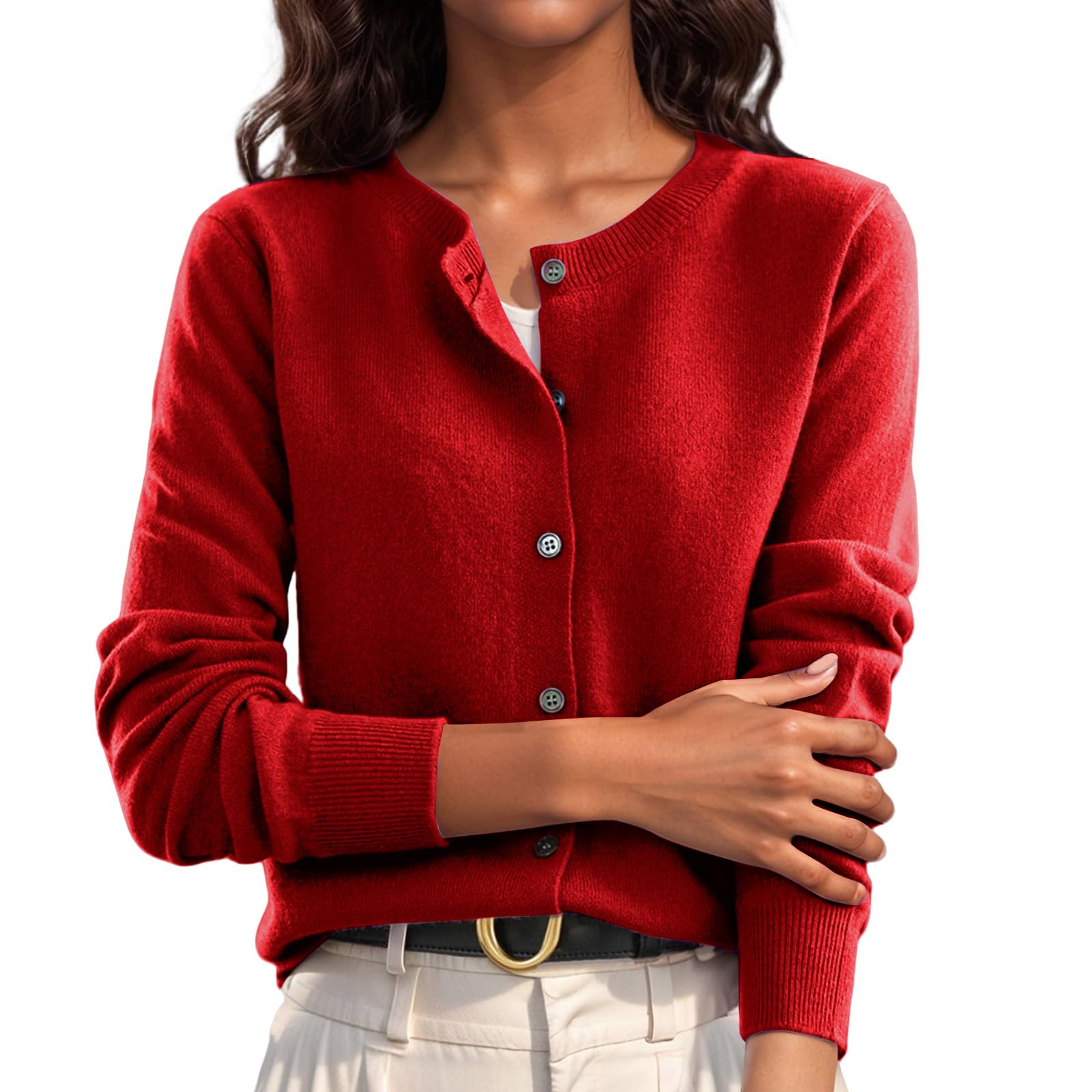 Cardigan Sweaters for Women Lightweight Crewneck Long Sleeve Button Down Sweaters Open Front Ribbed Knit Cardigan