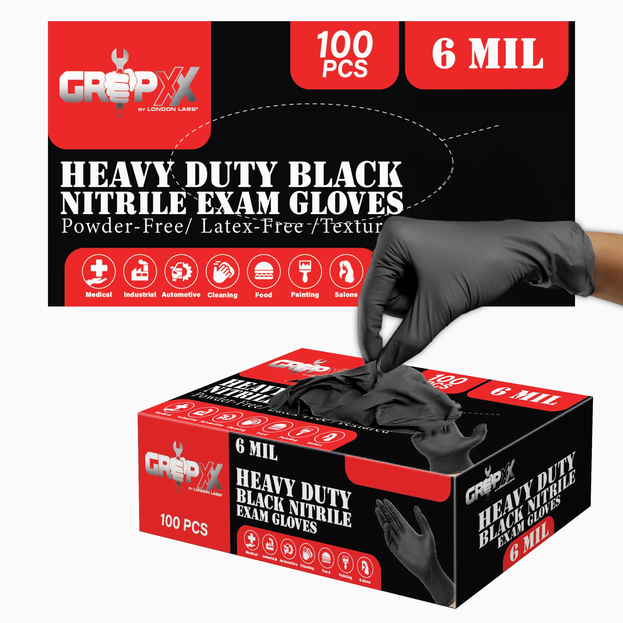 London Labs Heavy Duty 6 Mil Black Nitrile Gloves - Disposable, Latex & Powder Free | Mechanic, Food Prep & Tattoo | Rubber Gloves for Cooking, Cleaning & Household | Pack of (200)