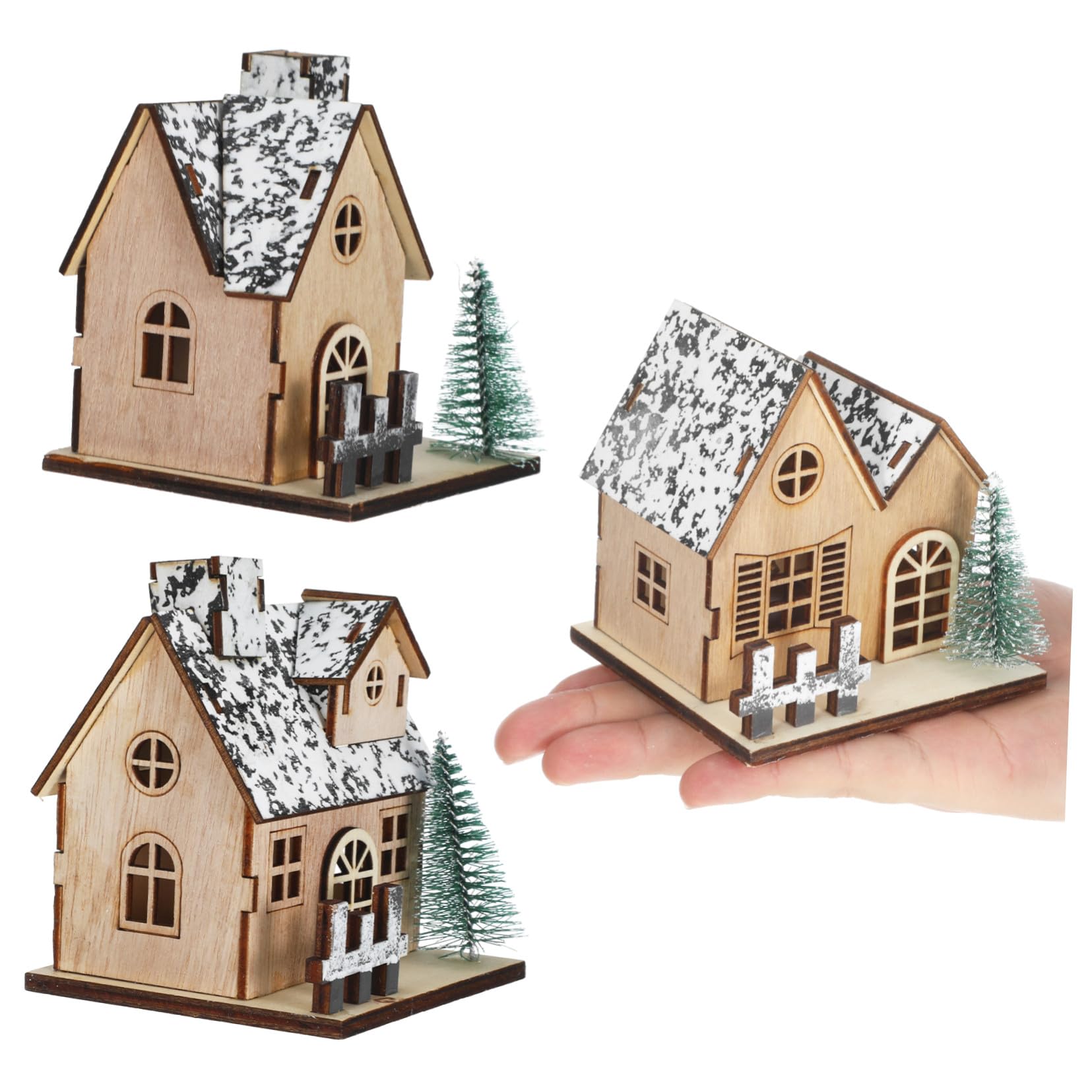KOMBIUDA 3pezzi Casetta di Natale in Legno Set di Villaggio Natalizio Mini Case di Legno Decorazioni per Tavolo Case Illuminate