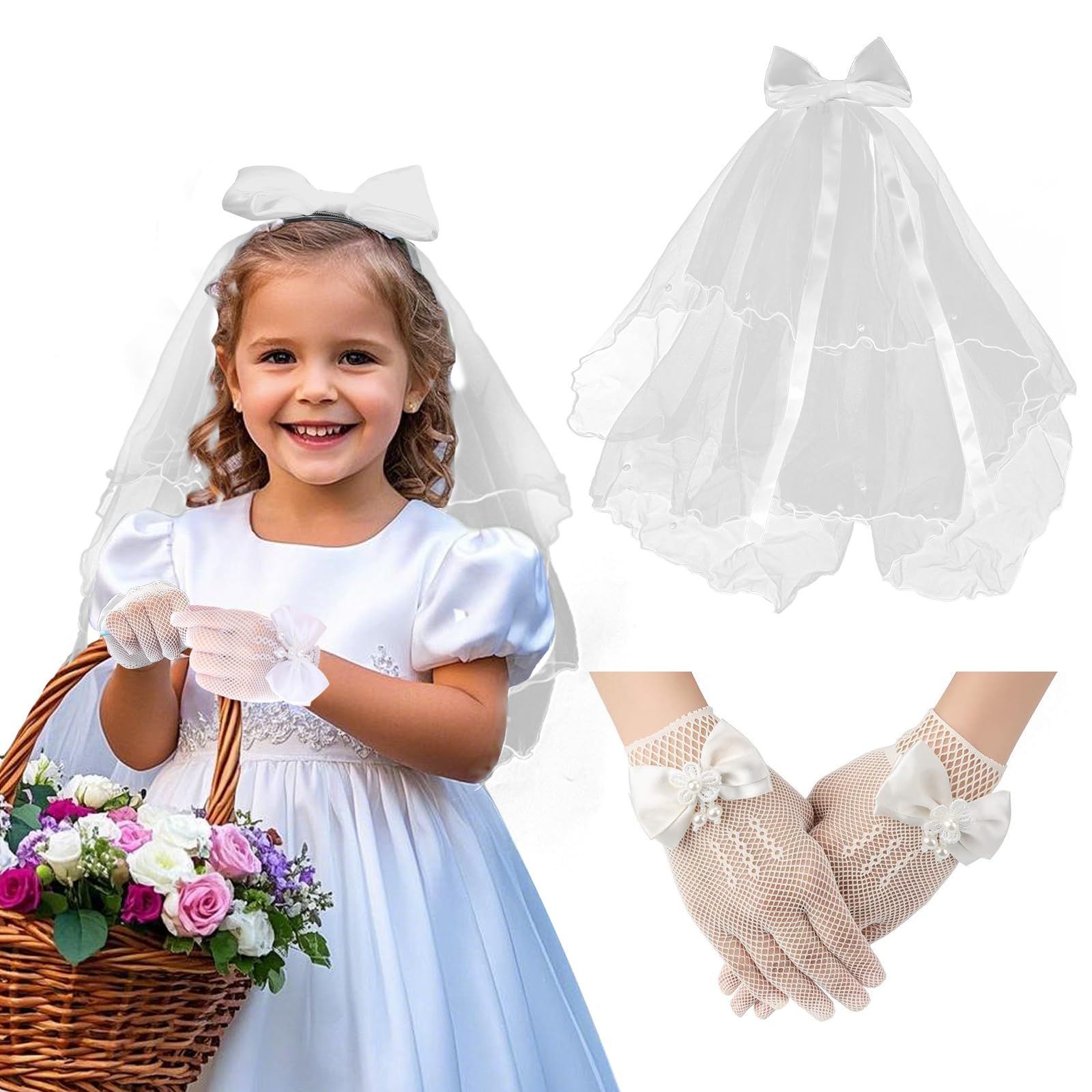 Girl Princess Veil Hairpin and Gloves Set, Girls Bridal Bow Veil Wedding Gloves White Pearl for Kids Wedding Flower-Girl Costume First Communion Halloween Party Decorations