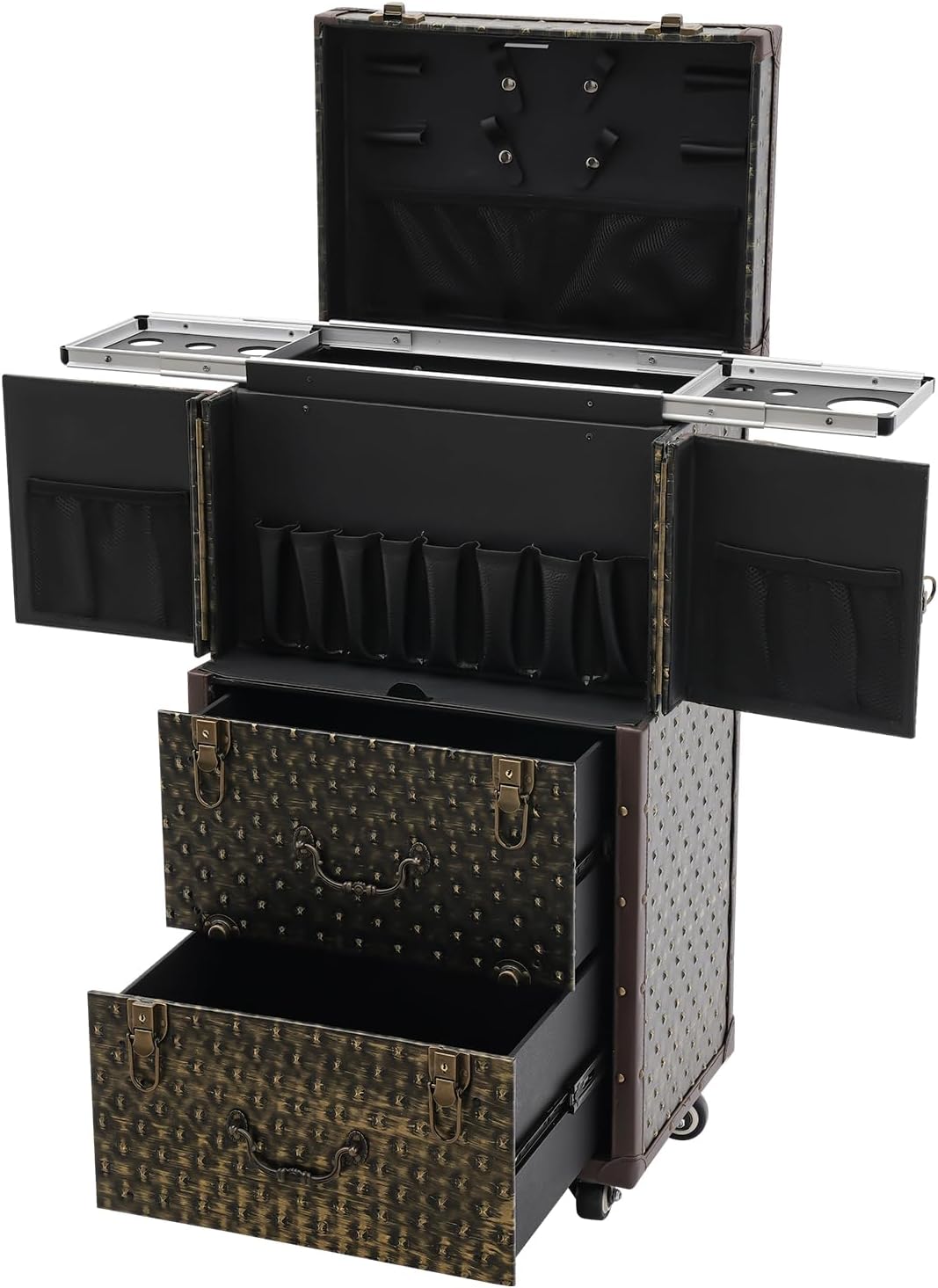 Professional Rolling Makeup Train Case with Wheels, Lockable Rolling Makeup Case, Large Storage Traveling Cart Trunk Multi-functional Cosmetic Trolley for Nail Technicians Hairstylist