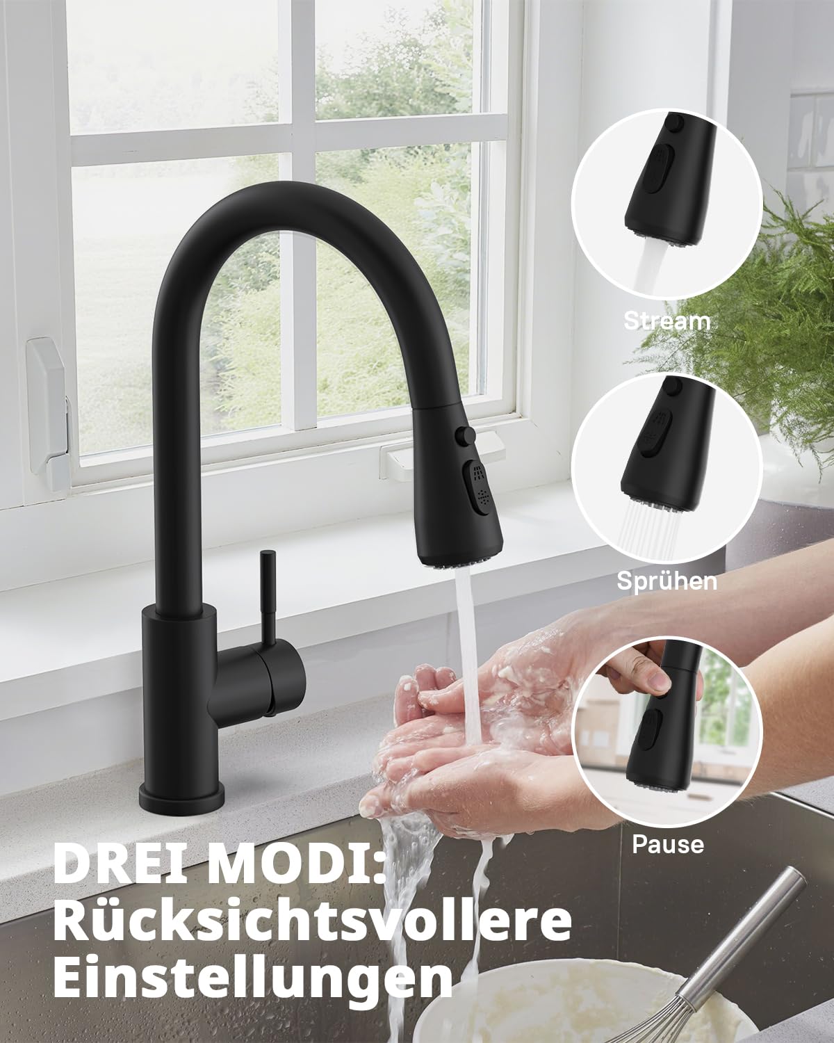Hiqufet Küchenarmatur, Ausziehbarer Wasserhahn mit Edelstahl-Sprühbrause und 3 Sprühfunktionen, 360° schwenkbar, Einhebelmischer, Matt Schwarz