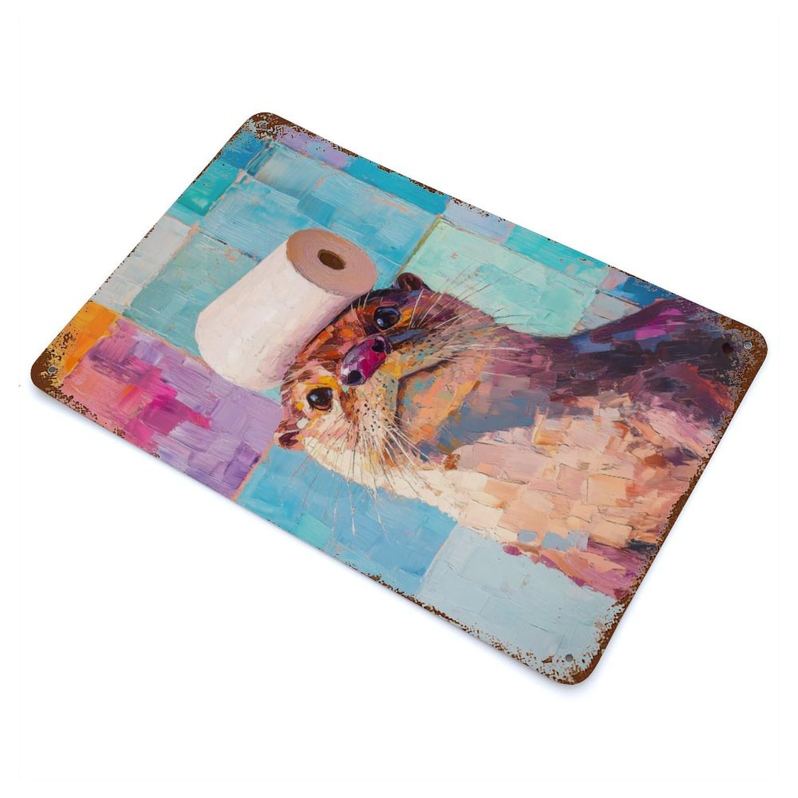 Distressed Metal Wall Sign Otter with Toilet Paper 11.8"x7.9", Vintage Wall Decor for Garage, Bar And Workshop Decor