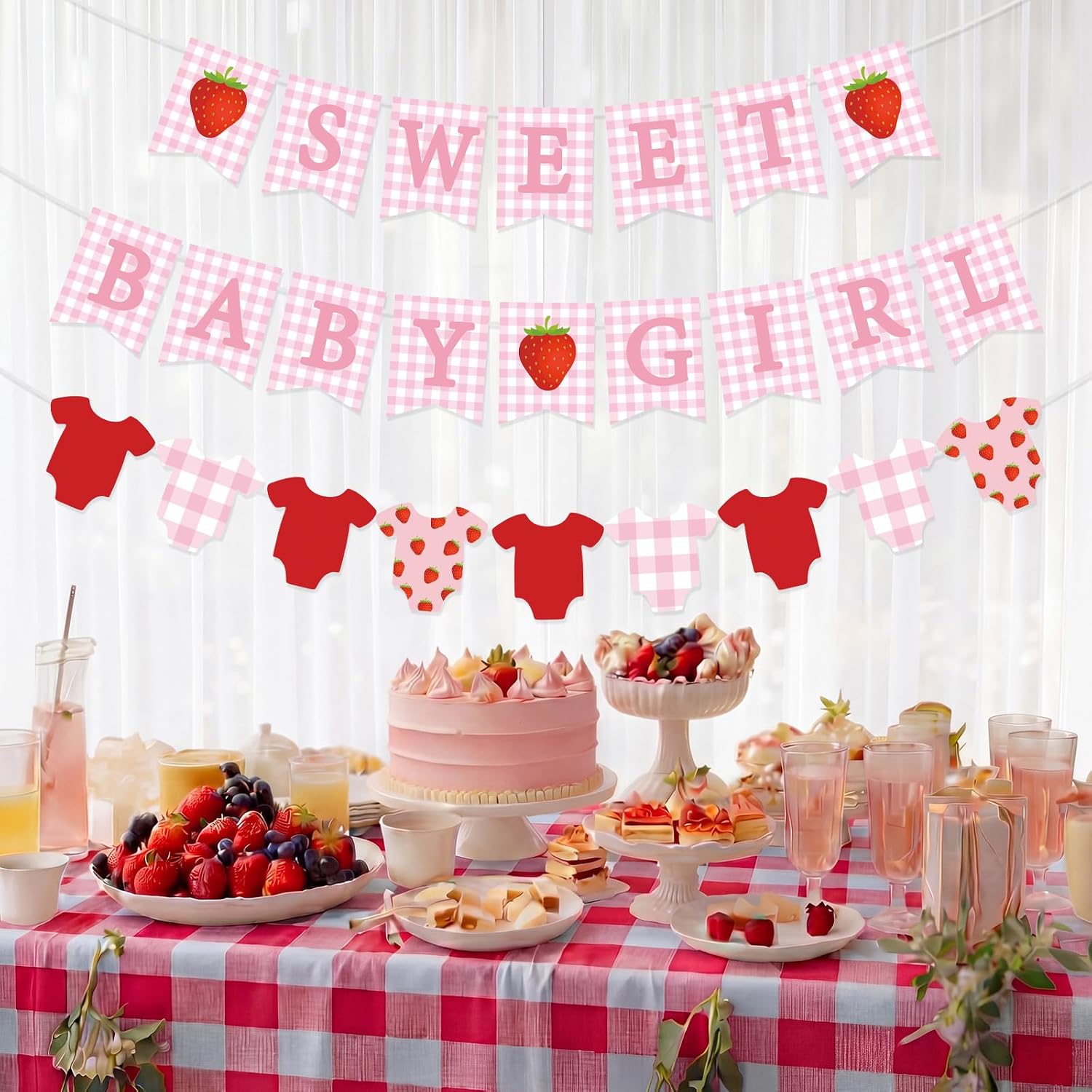 Maitys 3 Pcs Strawberry Girl Baby Shower Banners Pink Gingham Garland image 4