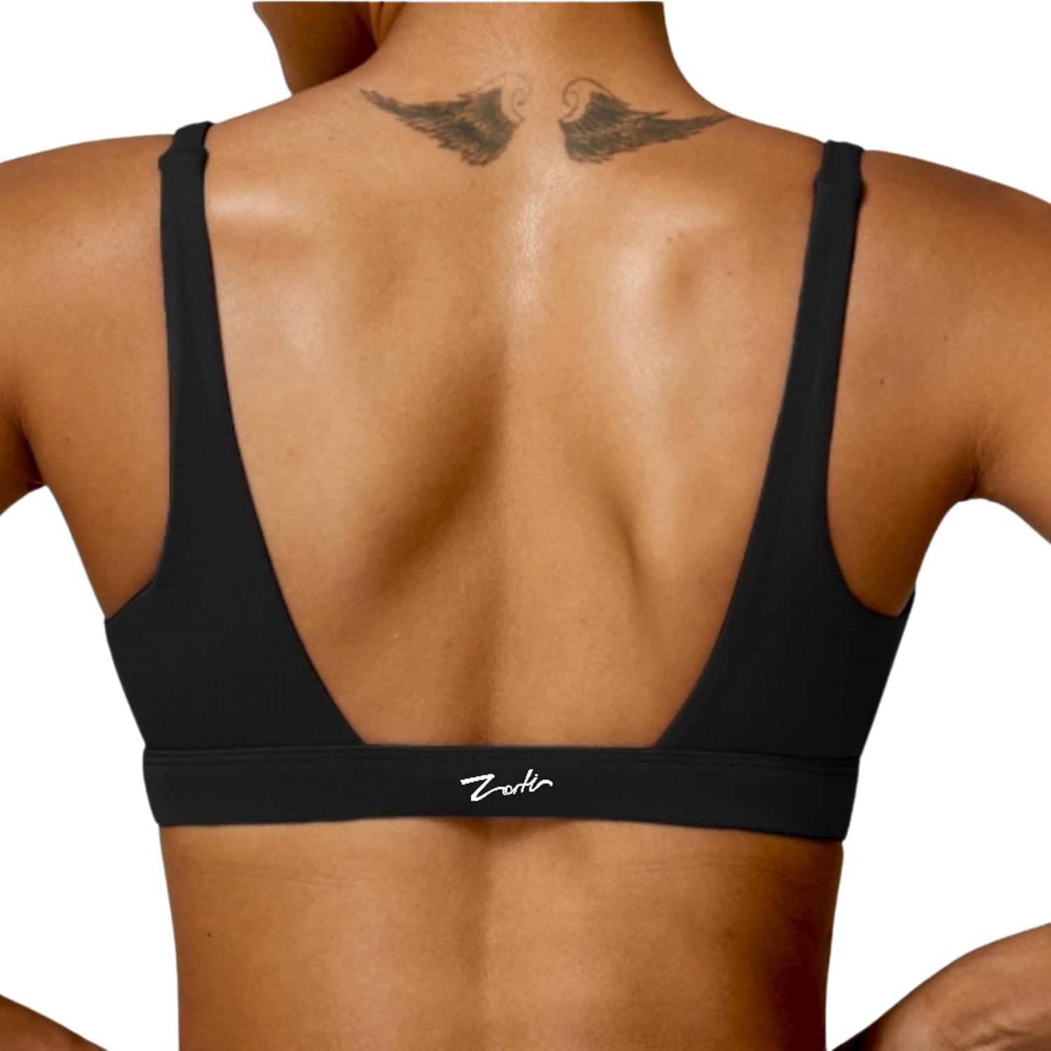 Zorti Deep V-Neck Sports Bra – Padded, Wireless, Open Back, Low Coverage – Black - Image 3