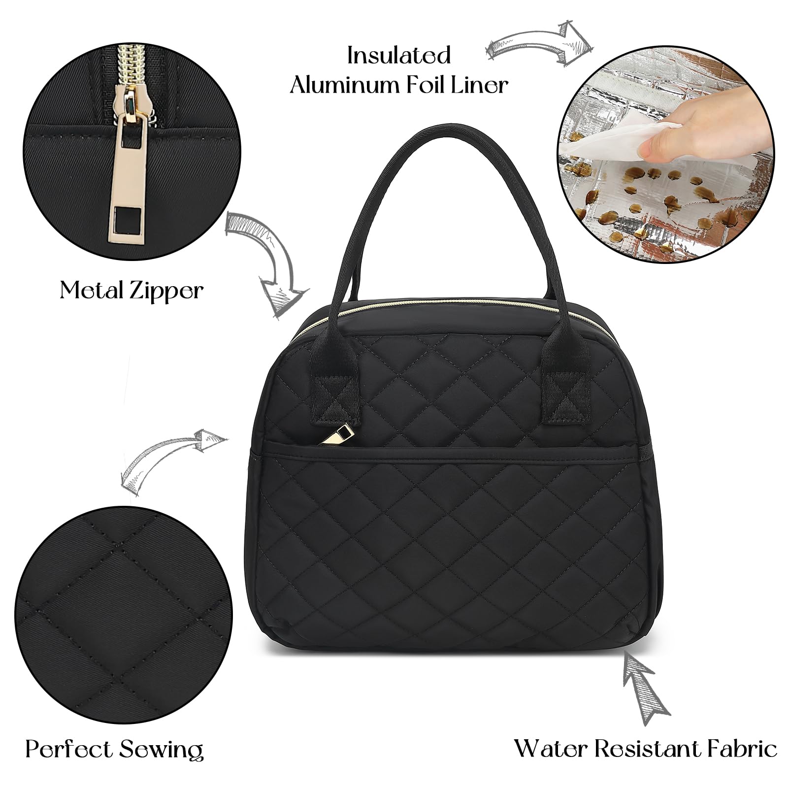 Lonchera térmica para mujer, térmica, a prueba de fugas, acolchada, reutilizable, para el trabajo, escuela, viajes, picnic (negro) 5