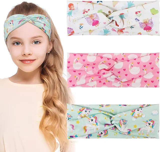 Bandeau cheveux fillette 3pcs élastique licorne cygne cœur fée papillon blanc vert rose