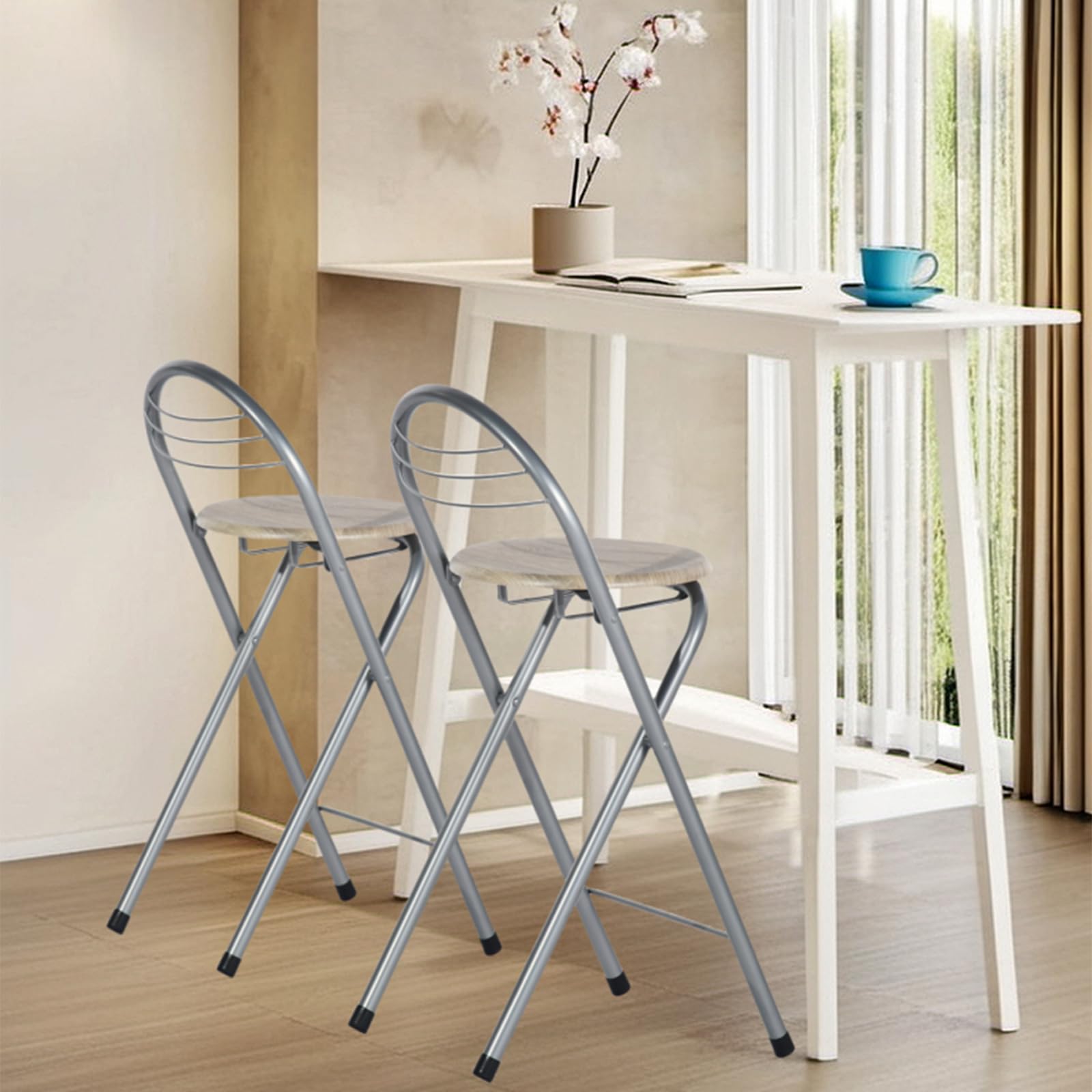Tabourets Bar Pliants Lot de 2,sans Assemblage,Tabourets de Bar d'Extérieur Portables pour Cuisines,Bistrots,Evènements Extérieurs, Hauteur Assise 61cm(Grain de Chêne et Argent)