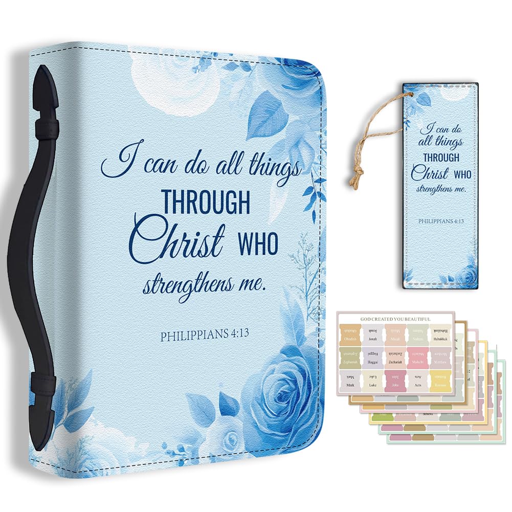 Hobbspring Roses Bible Cover Case for Men Women I Can Do All Thing Bible Cover with Bookmark Beautiful Flowers Carrying Book Cases with Handle and Zipper PU Leather Bag for Adults Students(Blue) — image 1