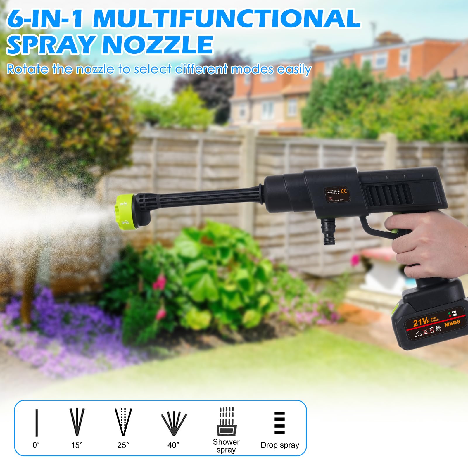 Shkalacar 21V Pistola Agua Presion Bateria, Hidrolimpiadora de Bateria con 1 O 2 Baterías, Boquilla 6 en 1 Limpiadora Portátil Cañón de Espuma, Cargador para Riego, Limpieza, Lavado de Autos