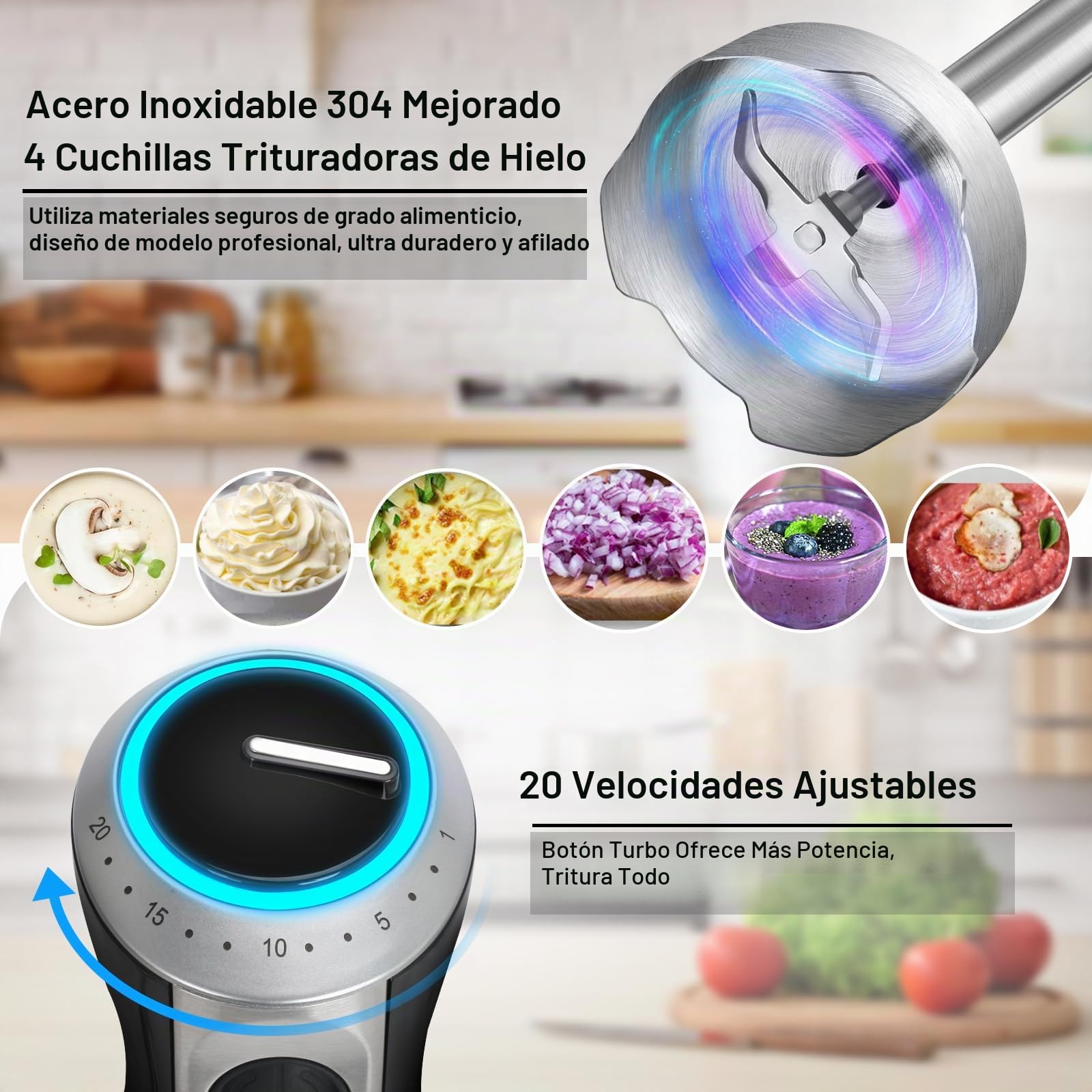1500W Batidora de Mano, 4 in 1 Minipimer con 20 Velocidades y TRUBO botón | Batidora Picadora, 4 Hojas de Acero Inoxidable incluye 600ml Vaso Medidor, Batidor de Huevos, 500ml Picadora
