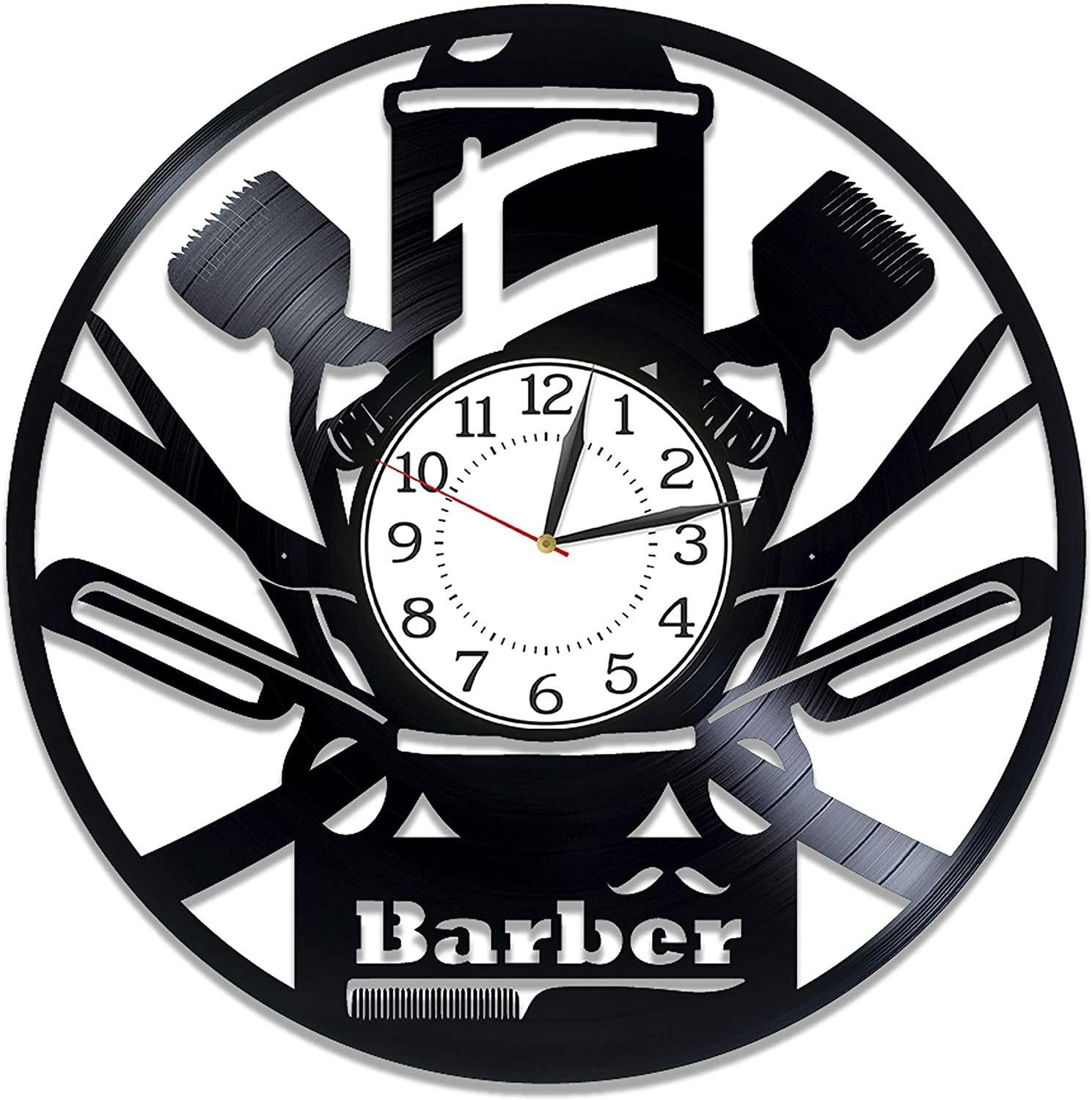 Horloge murale de barbier en vinyle faite à la main pour salon rétro