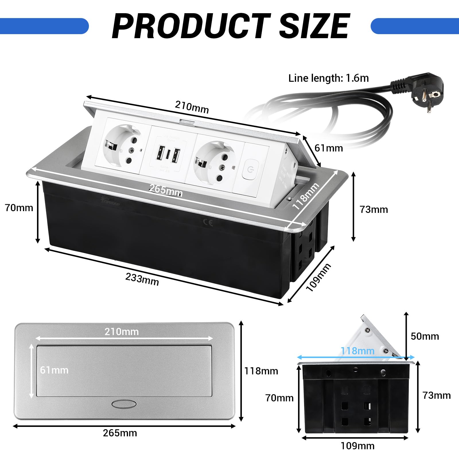 CPROSP 15 W Versenkbare Einbausteckdose mit 2 Steckdosen 3 USB PD+QC3.0