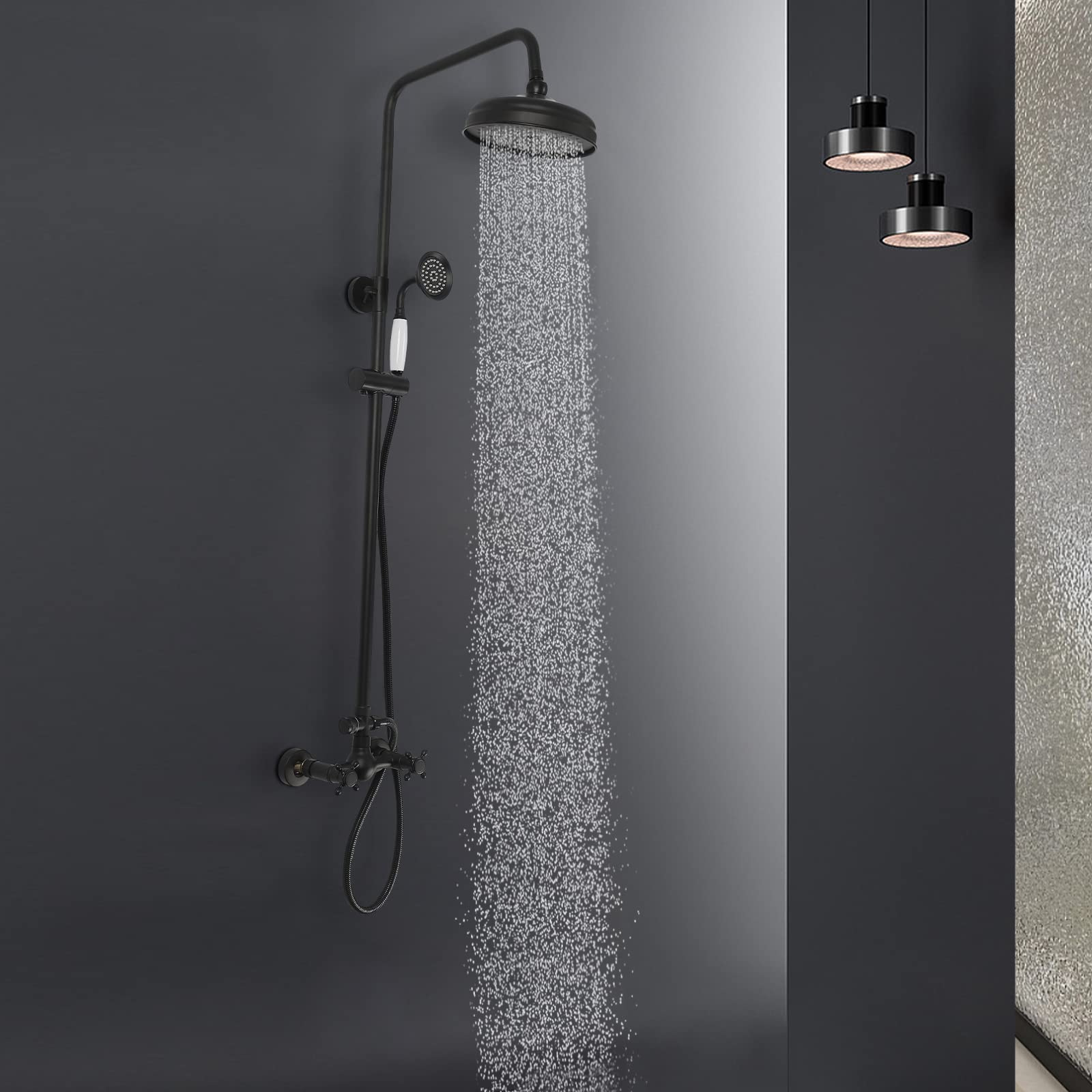 doccia in stile retrò, per doccia, set doccia a pioggia, doccia rotonda, con doccetta, colonna doccia anticata, retrò, per casa e hotel, colore nero