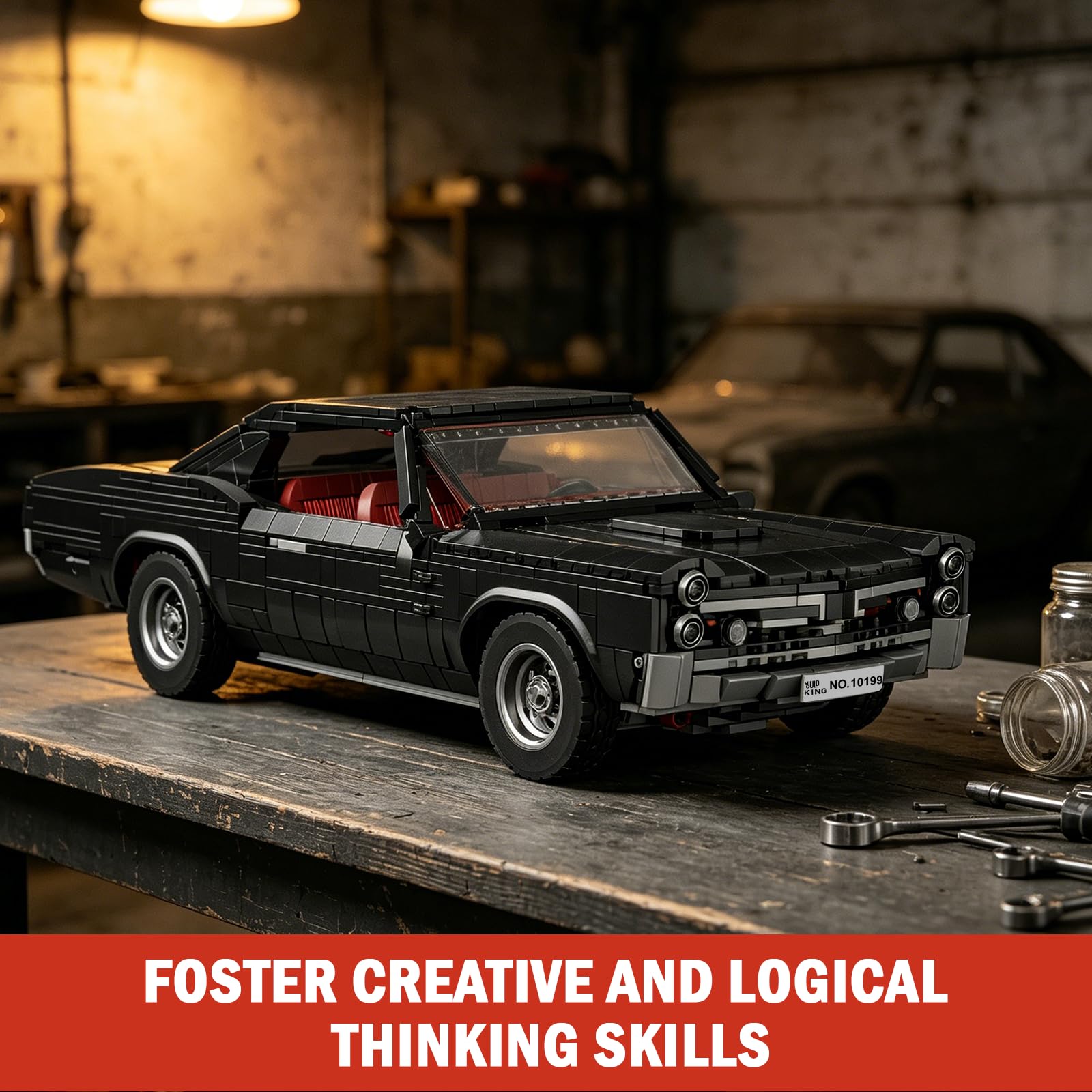 Mould King 10199 Technik Sportwagen Bausteine GTO Rennauto Klemmbausteine Klassischer Amerikanischer Muscle-Car Modellauto für Jungen und Erwachsene(1563 Teile)