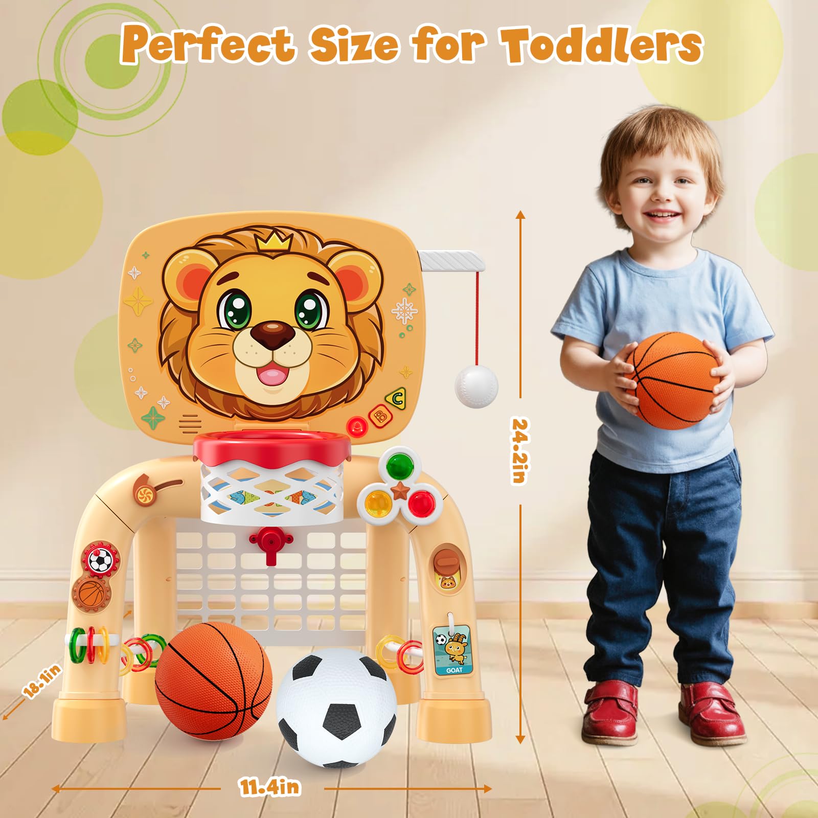 HYES 3 en 1 Enfants Panier de Basket avec Football Baseball, Basketball Stands avec Football Gate, Mini Panier Basket Activités d'apprentissage Jouets Cadeau pour Bébé Garçon Fille Intérieur Extérieur
