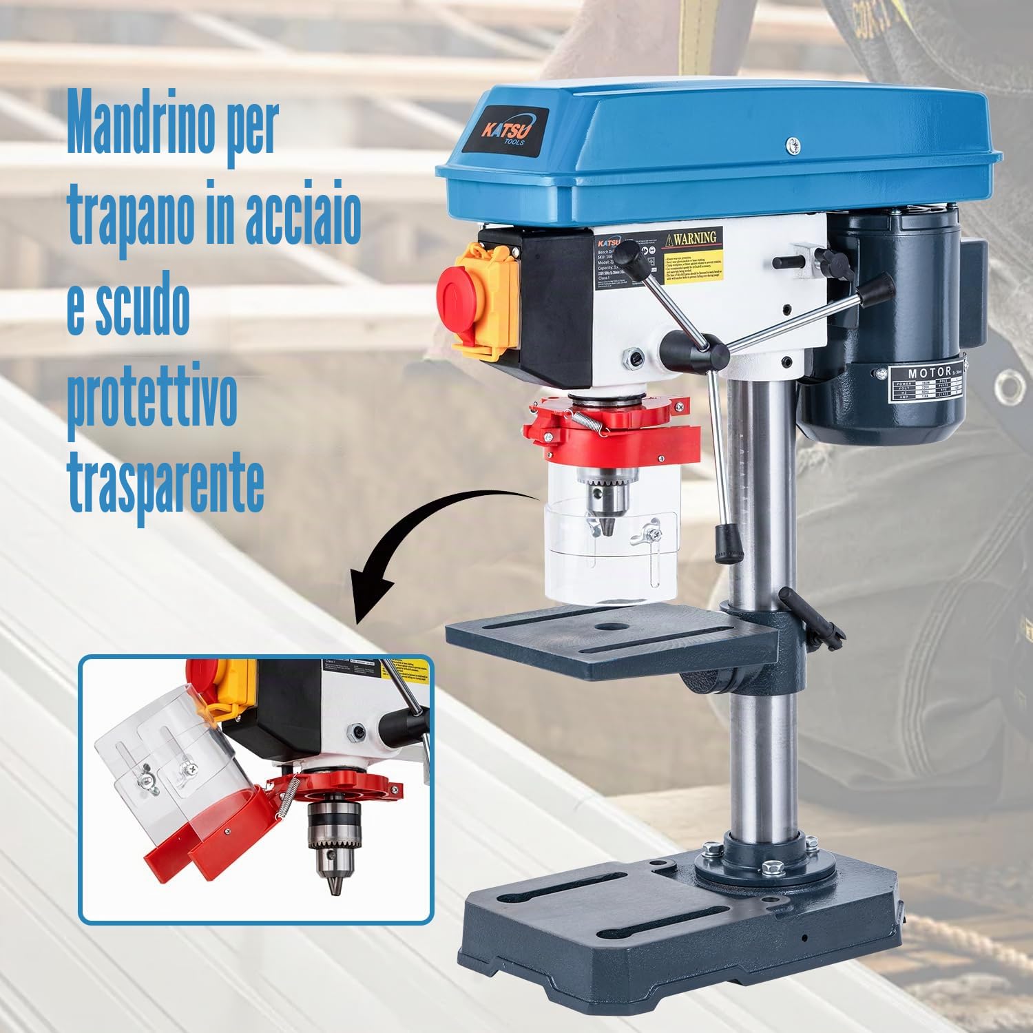 KATSU Tools Trapano a colonna 350 W – mandrino 13 mm, 5 velocità, profondità max 50 mm, 2650 giri/min, tavolo regolabile
