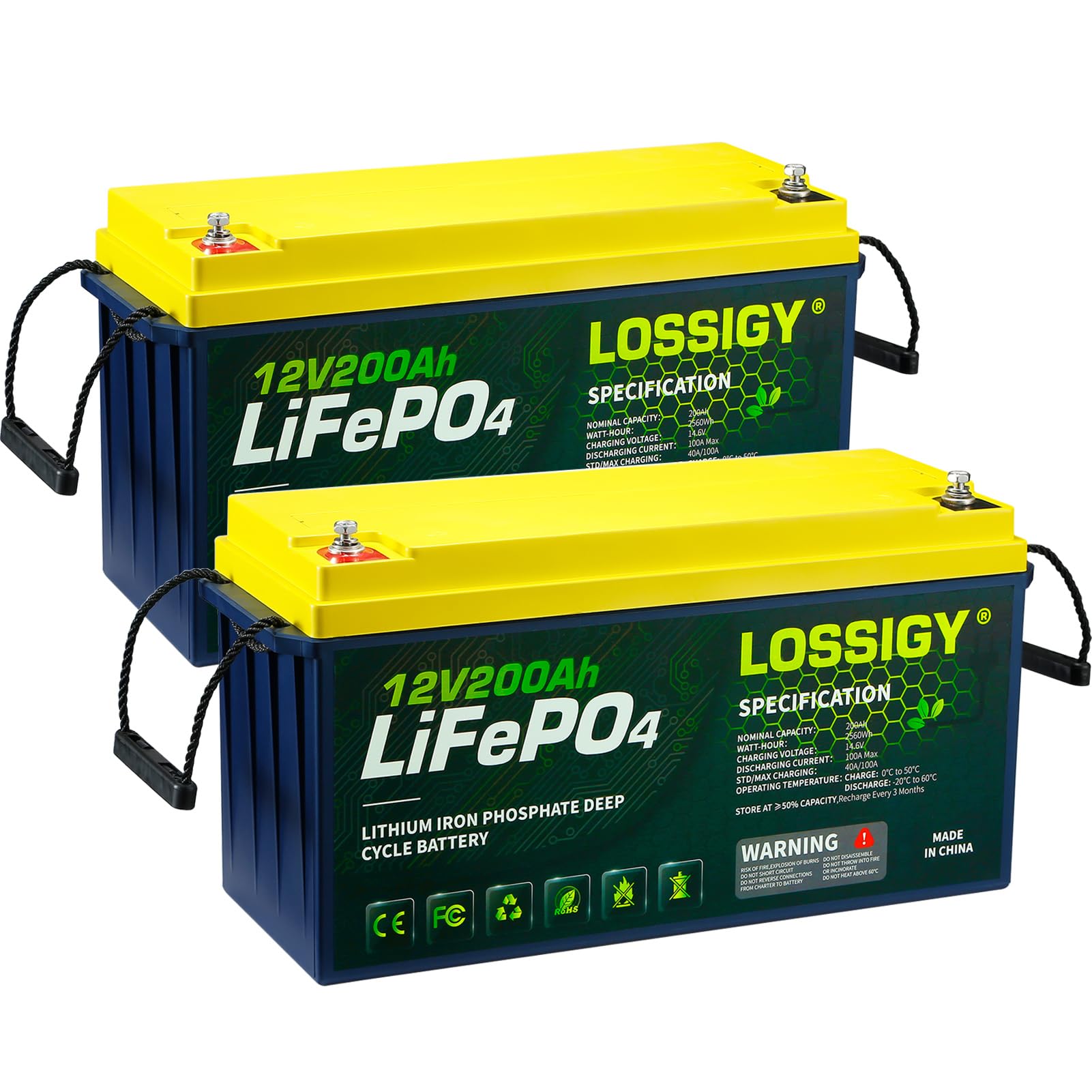 LOSSIGY 2 Pack 12V 100AH Bluetooth Lifepo4 Battery with 12V Smart Lithium Charger, 10 Yrs Lifespan, Prefect for RV, Golf Cart, Solar System, Trolling Motor, Marine, Boat