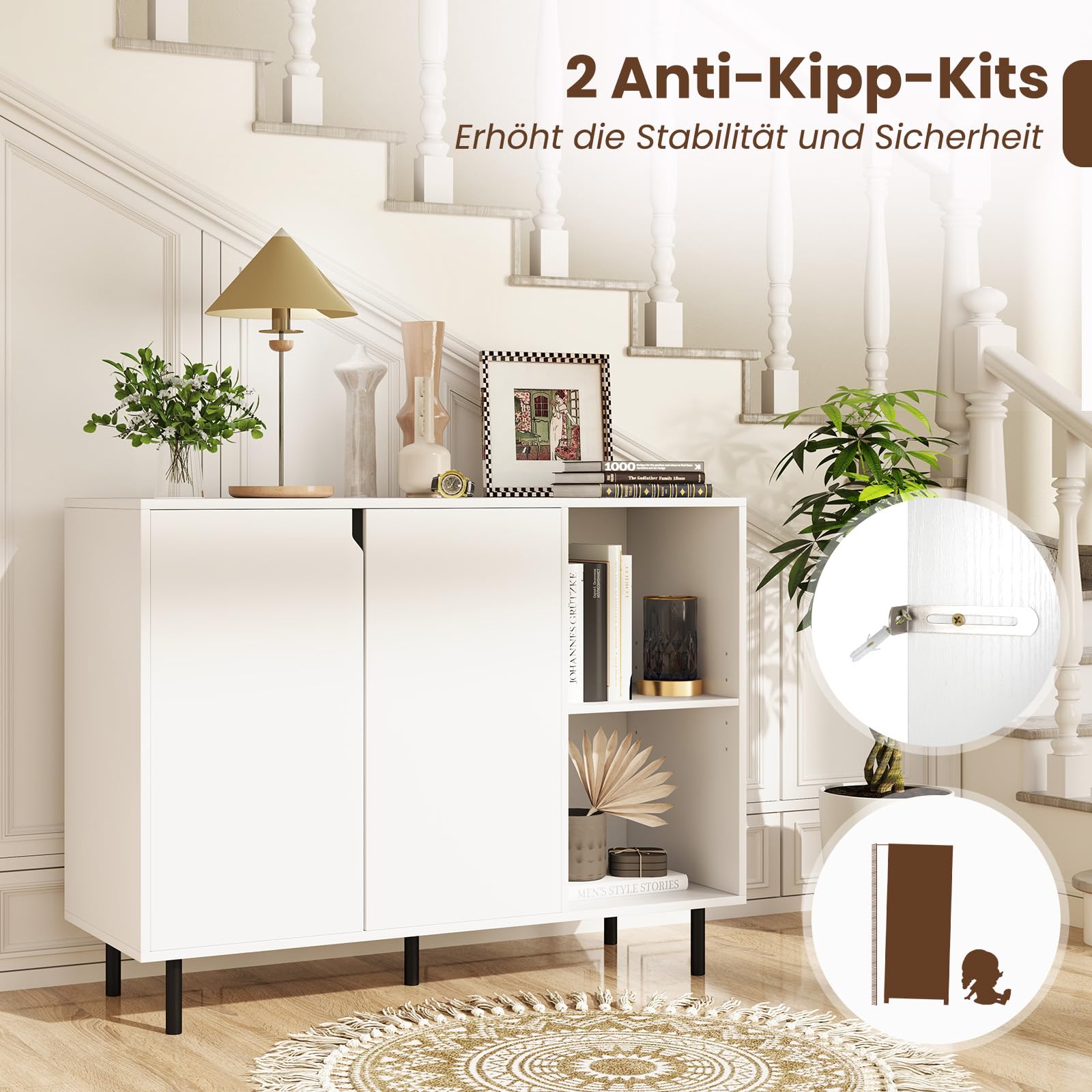 Credenza moderna bianca a 2 ante, ripiani regolabili, elegante armadio da cucina per soggiorno e sala da pranzo, 106 x 38 x 80 cm, mobili contemporanei