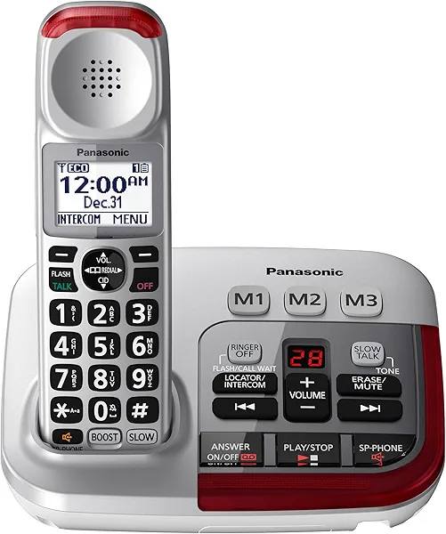 Panasonic 1 Handest Amplified Cordless Phone with Slow Talk, 50dB Volume Boost, 112dB Lound Visual Ringer, Hearing Aid Compatibility, Large Screen and Backlit Keypad - KX-TGM450S (Silver)