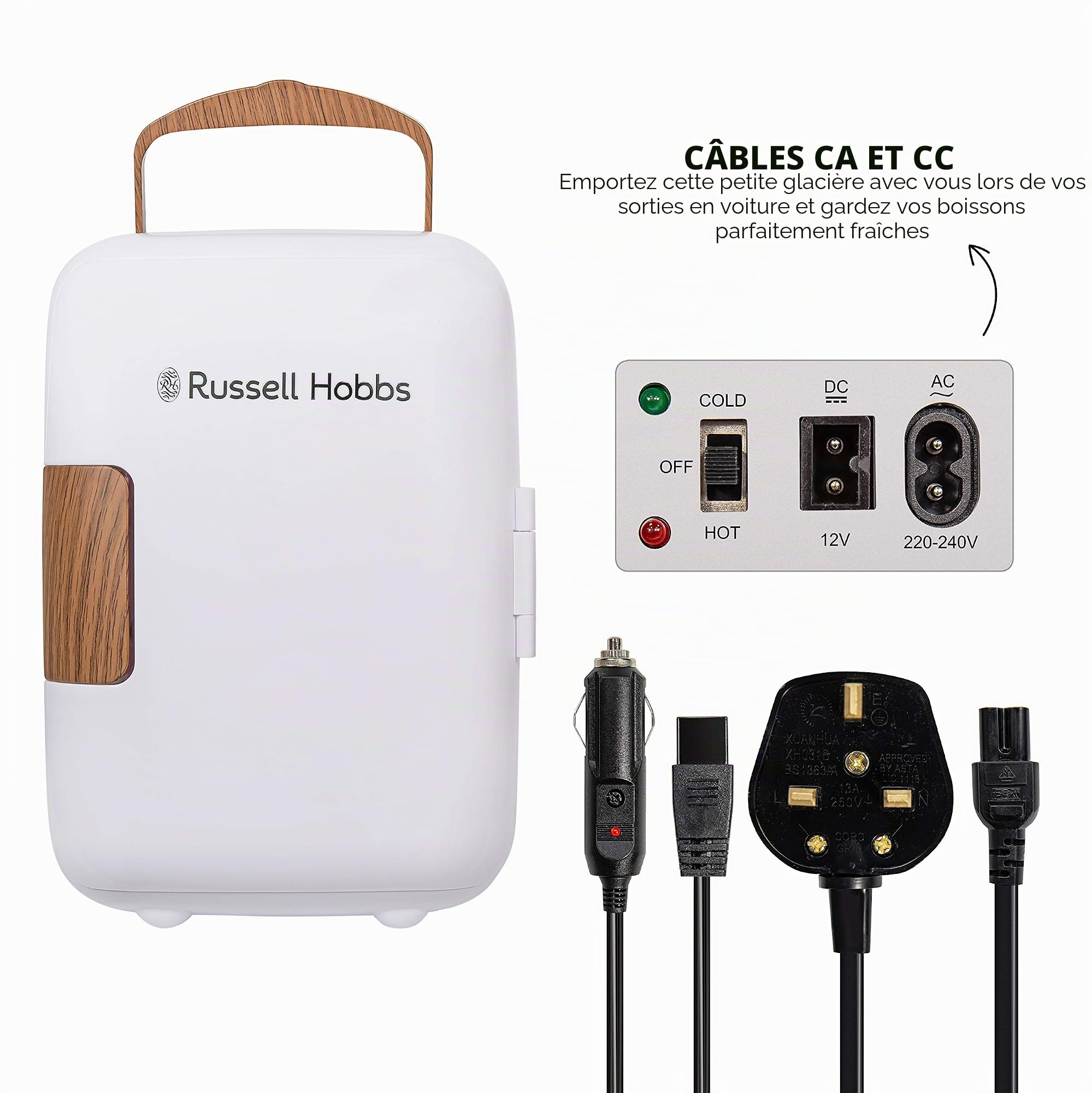 Russell Hobbs RH4CLR1001SCW Mini refroidisseur portable et chauffe-canettes pour boissons, cosmétiques, maquillage, soins de la peau, alimentation AC/DC, style Scandi, blanc et effet bois, pour
