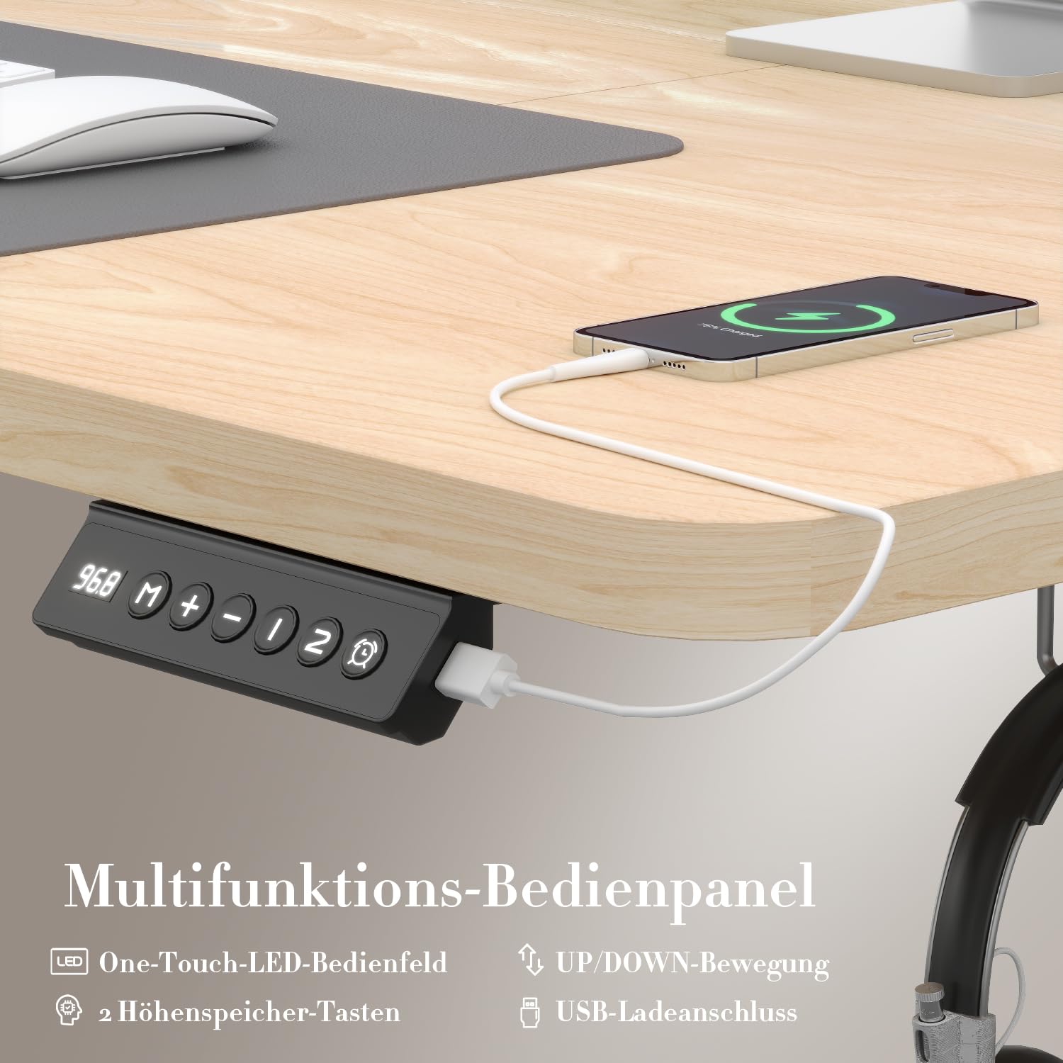 Airfish In hoogte verstelbaar bureau, 200 x 80 cm, met USB-aansluiting, elektrisch bureau met geheugenfunctie, in hoogte verstelbaar, elektrisch, 73 - 118 cm, bruin